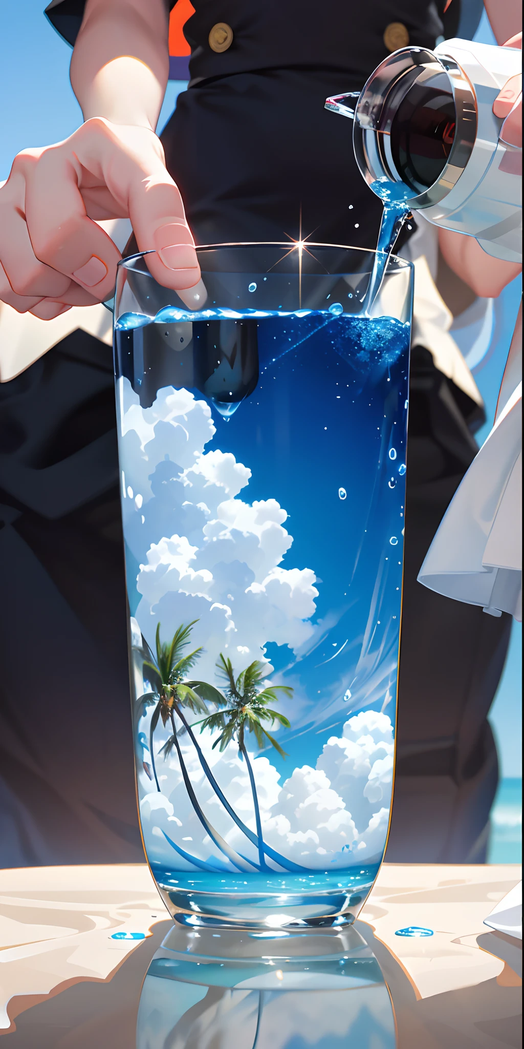 Using the right hand, macro photography depicts a picnic scene themed on a summer tropical beach vacation. The protagonists of this picture are two cool glasses filled with iced carbonated drinks. The camera focuses on glasses, fruit, dazzling midday sunlight, fisheye footage, distant views, a hearty meal, (splashed liquid: 1.6), ice cubes, (picnic scene: 0.5) (lovely dessert: 0.4), dripping water. At the edge of the picture is the girl's glowing thighs, filled with carbonated drinks, translucent liquids, daytime outdoor lights (beach 1.5), tropical plants, hot weather, high-definition details, wet watermarks, ultra-detail, movies, surrealism, soft light, deep-field focused bokeh, light tracking, diffuse reflection (ultra-fine glass reflection), and surrealism.