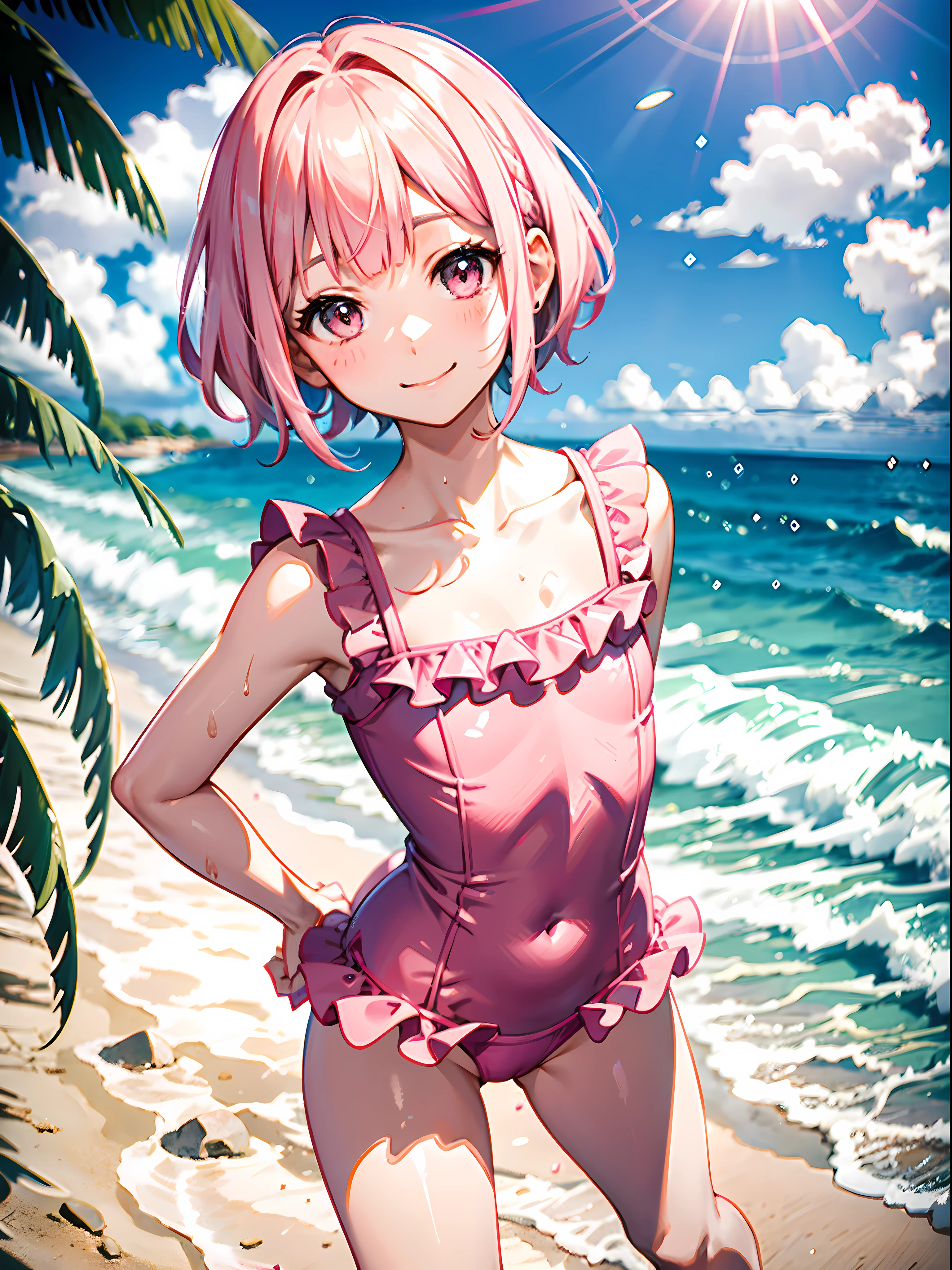 Slim fit ladies pink kawaii swimsuit，with ruffles (Wet loading:1.0) Bangs middle school short Bob do smile 1 person beach，Hands behind your back，One guy，A pink-haired，