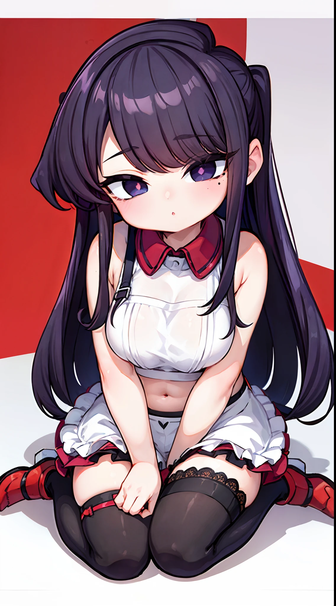 komi shouko,（A white border around a red rectangular background：2.5)，Stockings，Squats，head looking up，Fleshy belly，huge tit，Lace collar，revealing her belly，Shoulder strap stockings look up，Sitting down，Side view，Slim figure，Ultra shorts，Black silk lining，ahegao face，White apron，High detail,Moles under eyes, Heart-shaped pupils，Love pupils，cropped shoulders，Lots of hearts，Fleshy thighs,highly rendered，detailed face with