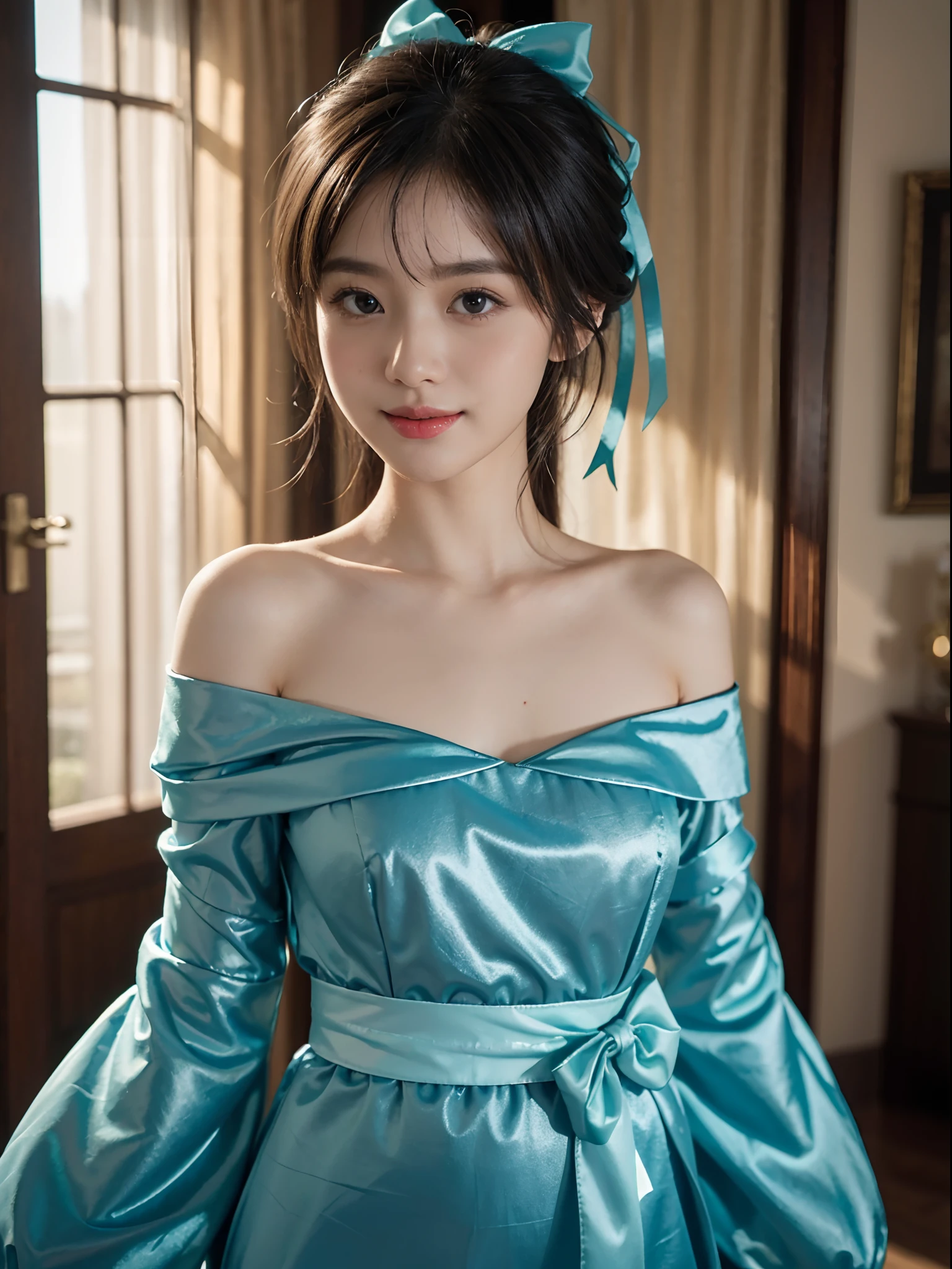 Unbeatable masterpiece, Ultra photo realsisim, Perfect artwork, Intricate details, Best quality, strong lights,High contrast, masutepiece , Best quality , offcial art ,the Extremely Detailed CG Unity 8K Wallpapers ,1girll , Solo , Realistic , Makeup , A high resolution , full body Esbian , view the viewer , Smile, bangs , Bare shoulders ,crossed bangs , hair between eye , , Long ,Mask , cropped shoulders , cparted lips , Red eyes , ,bow ribbon , sash , skyporn , Solo , striped ribbon ,taihou \(Rainel Blue) , double tails , Very hairy , Wide sleeves , (Shiny skin) ,