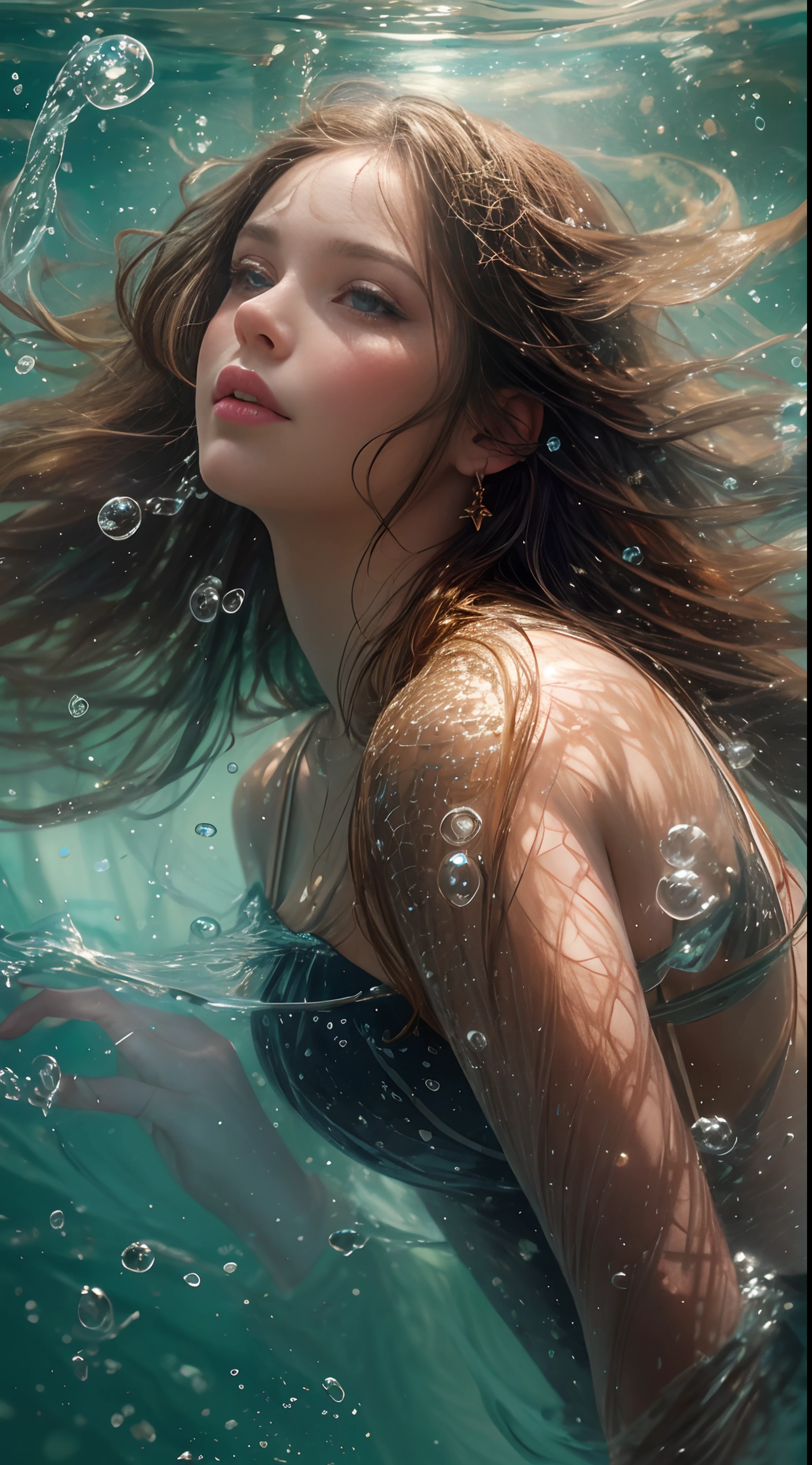 create an image of long hair, smooth ass, disheveled and wet underwater