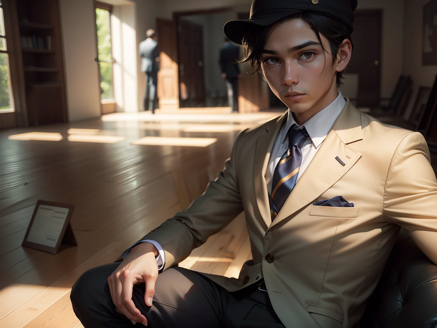 Change this background to a room and change the boy clothes with a suit