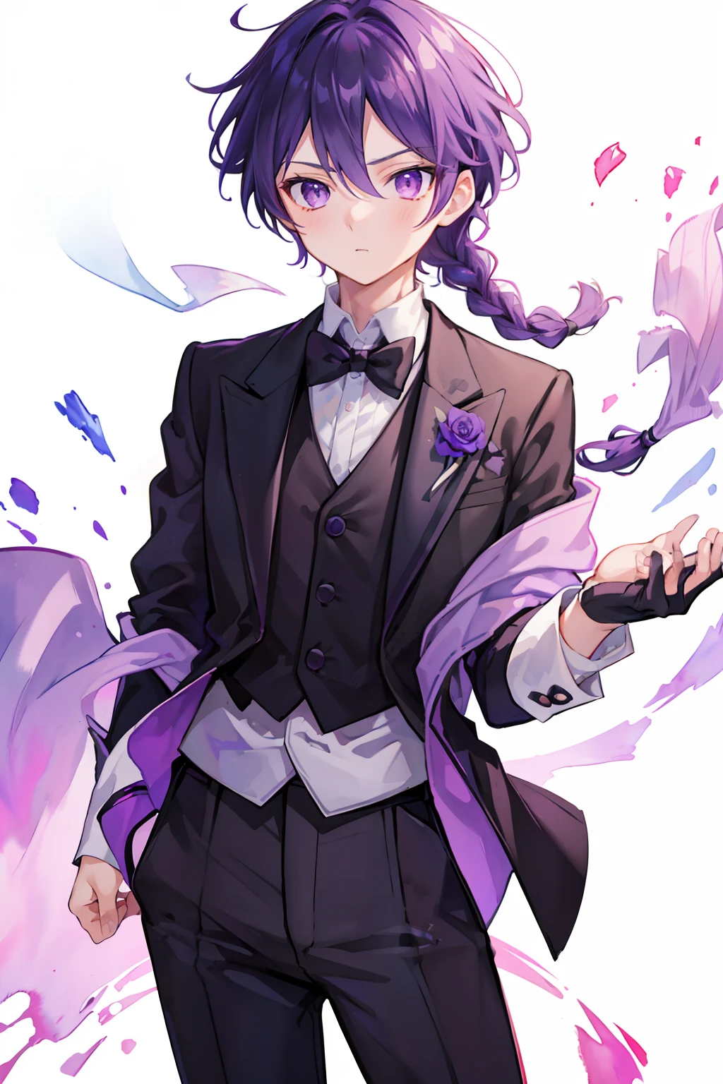 (high-quality, breathtaking),(expressive eyes, perfect face), 1boy, male, solo, short, young boy, purple hair with braid, purple eyes, black european butler suit, pants, ( watercolor \(medium\), thighs up, white background