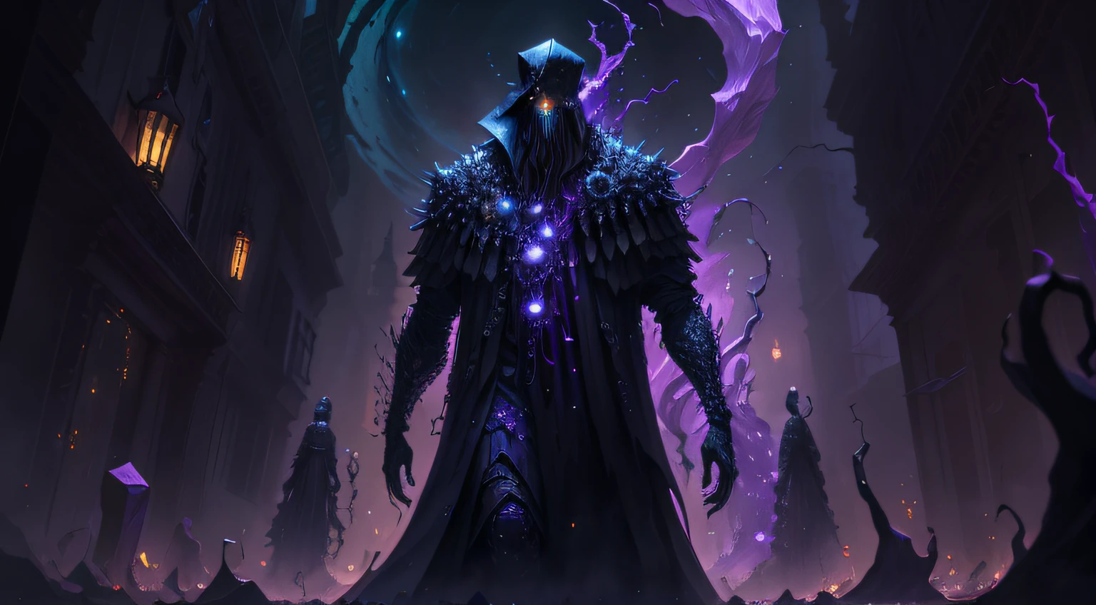 roxo e preto,A man surrounded by nightmares, cosmic horror,Diamond-clustered skin all over the body, Dark mood, Dark environment, the night, terroral, bloods, incrivel, Funk, panicking, be desperate,Full body armor