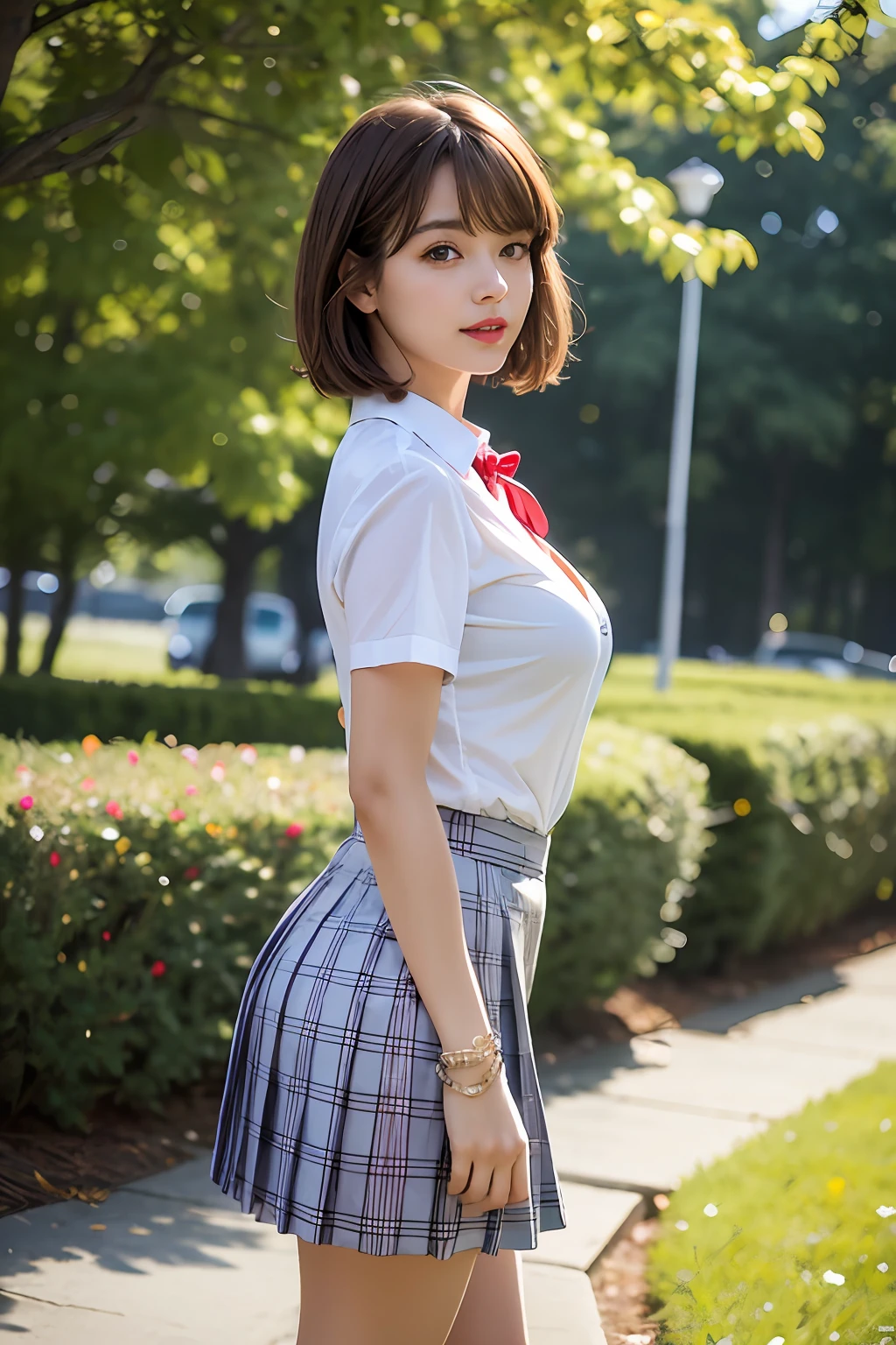 nsfw, 8K raw photo, Best quality, masterpiece, ultra high res, film grain, filmg, 1girl, looking at viewer, natural skin texture, realistic eye and face details, full lips, lipstick, (makeup), red eyeshadow, fluffy short hair, messy hair, smile, close mouth, beautiful legs, tall female, skinny, slim_legs, solo, enormous breast, cleavage, Pose with buttocks facing you, ultra short skirt, ass, shirt, beautiful nature location, around flower location, (detailed background), plaid skirt, white shirt, enormous breast, cleavage, Show a little cleavage through the shirt, loafers, blurry background, blurry, holding, plaid, short sleeves, jk ribbon on the neck, jk ribbon, brown hair, bracelet, water, bangs, school uniform, jewelry, parted lips, lips, from side, pleated skirt, depth of field