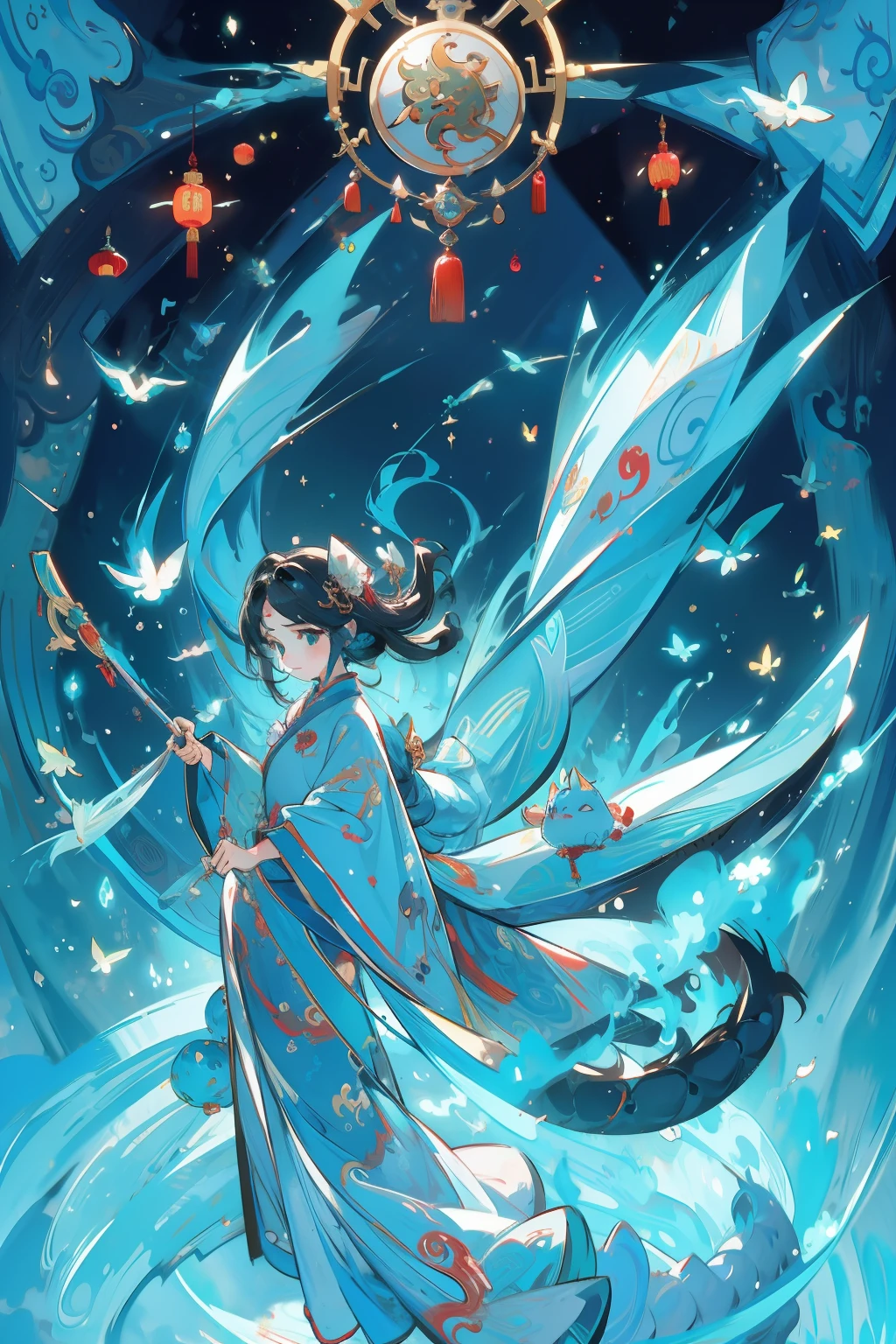 Chinese style 3D Pixar character style,3D toy,Tidal Games,cute female child,Hanfu,One of the transparent materials,chinesedragon,Particle,8K,k hd