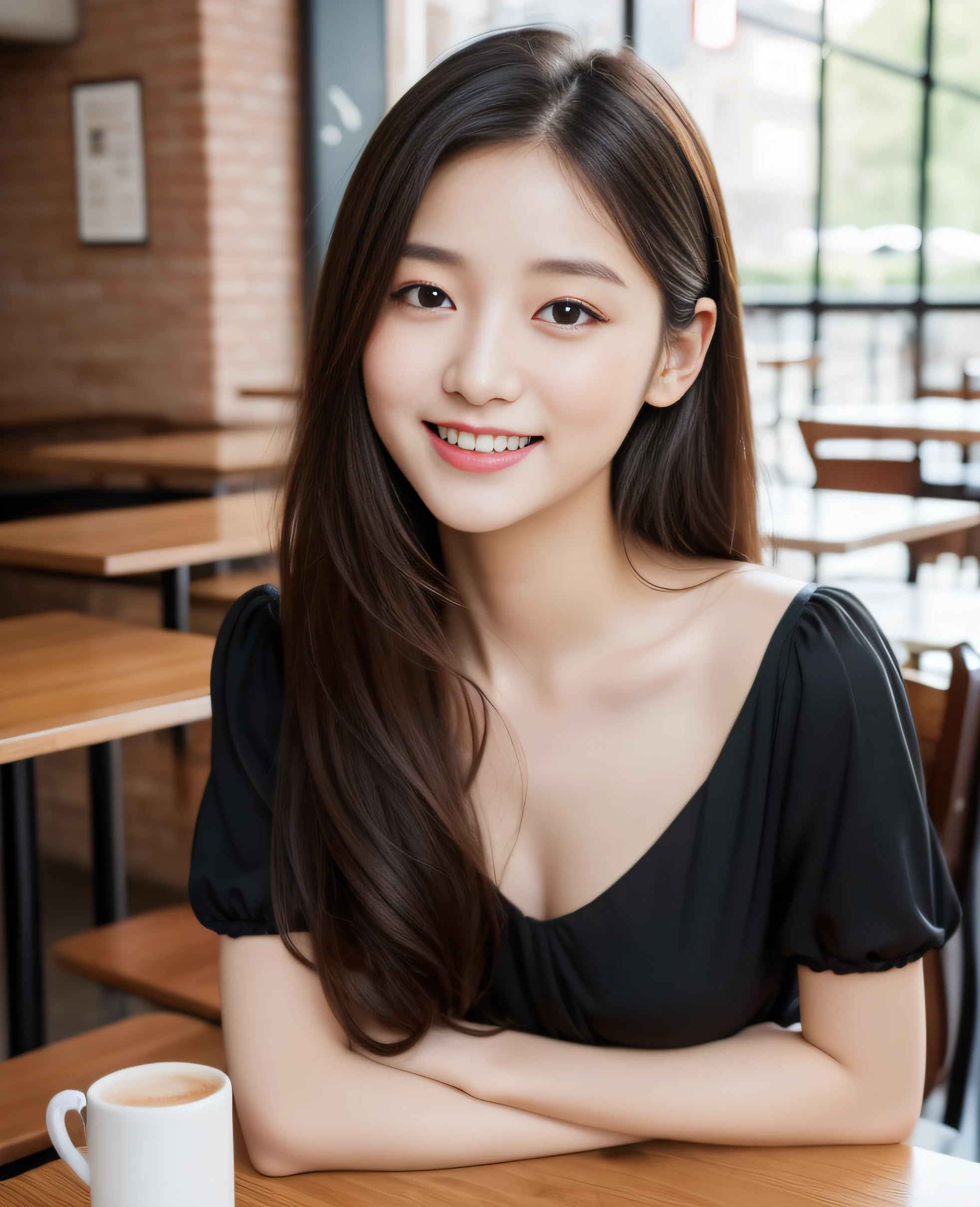 ((best quality, 8K, masterpiece: 1.3)), beautiful girl, pure, melon face, kind and cute, sweet smile, pure desire, slender body, (front), (tilted head), ((looking at camera) ), wearing a pink suit, black silky medium hair, long flowing shoulders, round black big eyes, clear big eyes, moist red lips, sweet, sitting in a cafe, cafe background , (((whole body))),