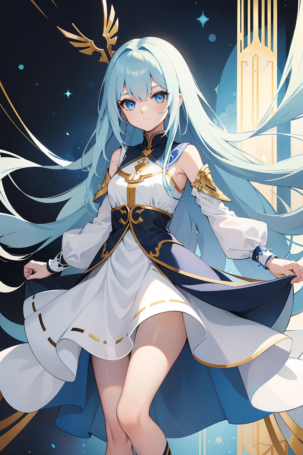 Long blue hair that falls to the waist，The light blue eyes showed calm
The dress is underpinned by white，Dark blue color scheme，Gold wire edge，Arm length to forearm，The skirt reaches to the calf
White canvas shoes pair with a flock，The blue pattern also matches