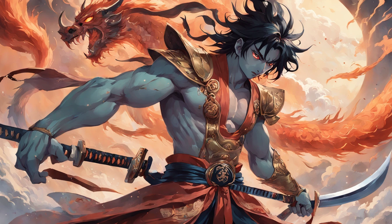 tmasterpiece，best qualtiy，超高分辨率，Detailed details，A painting of a man with a sword and a demon, beautiful male god of death, mohrbacher, inspired by Shunkōsai Hokushū, In the artistic style of Morebach, asura from chinese myth, the god of chaos, 详细的脸, Inspired by Ryūkōsai Jokei, in style of peter mohrbacher,