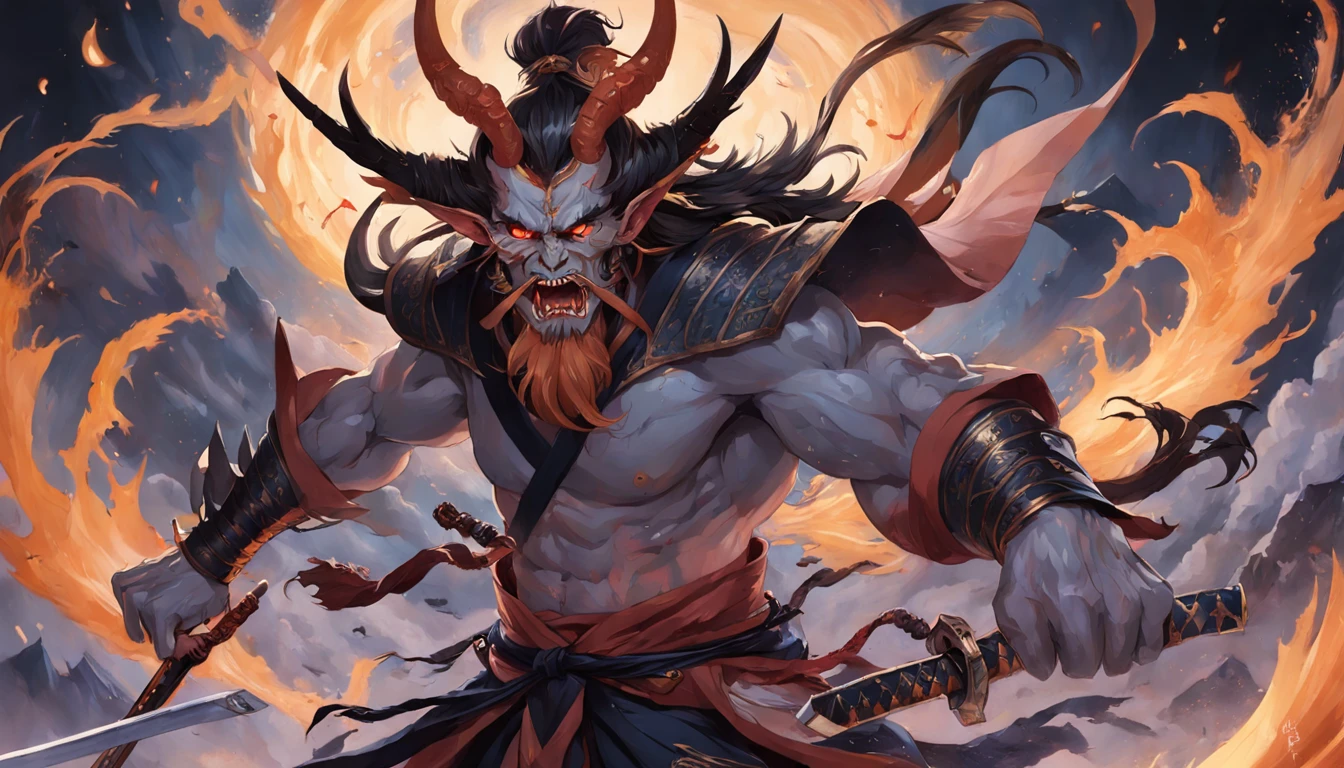 tmasterpiece,best qualtiy,超高分辨率,Detailed details,A painting of a man with a sword and a demon, beautiful male god of death, mohrbacher, inspired by Shunkōsai Hokushū, In the artistic style of Morebach, asura from chinese myth, the god of chaos, 详细的脸, Inspired by Ryūkōsai Jokei, in style of peter mohrbacher,
