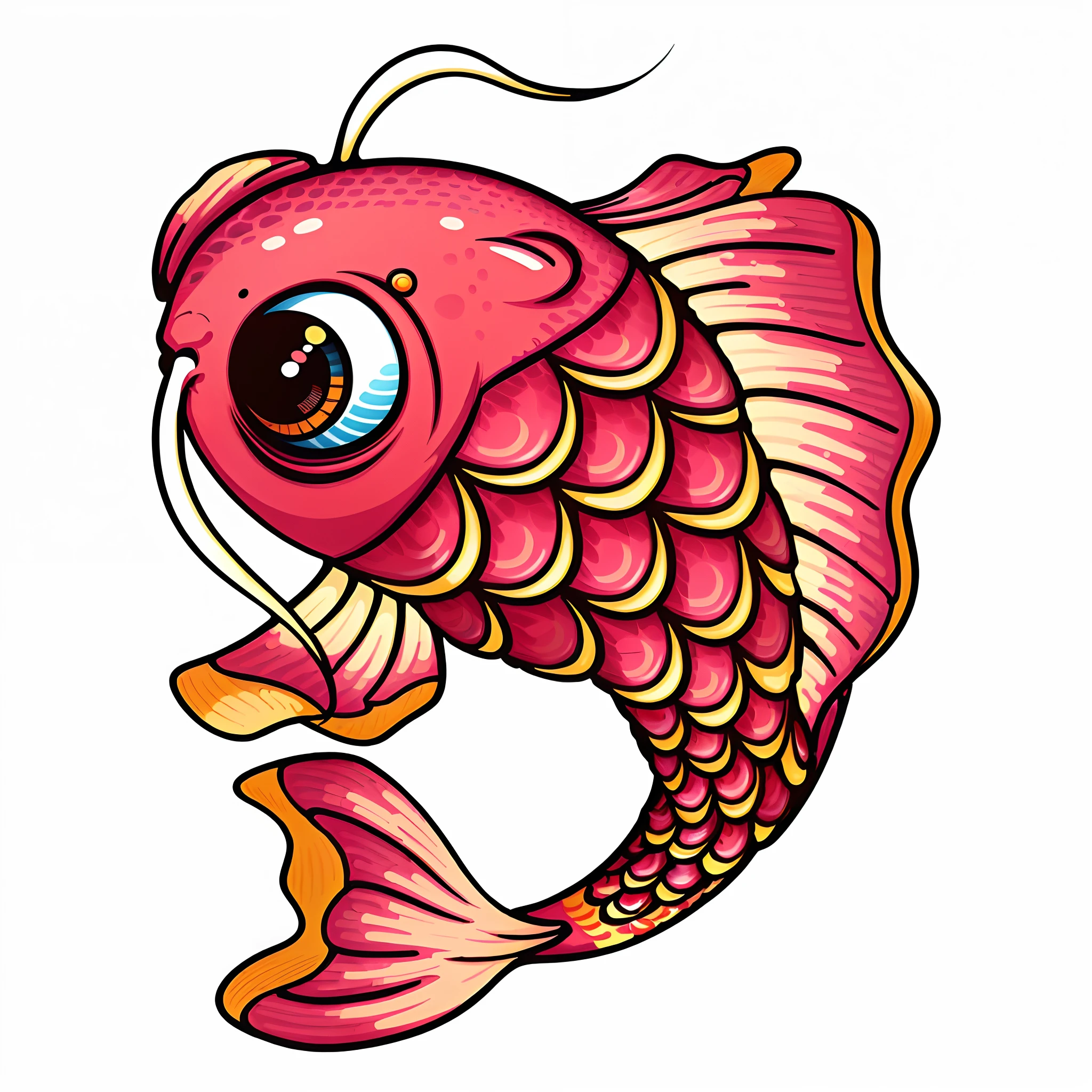 there is a cartoon fish with a big eye and a long tail, scary fish, koi fishes, Highly detailed illustration.”, moon light fish eye illustrator, Highly detailed illustration, Japanese cartoon style, deep sea fish, Colorful fish, highly detailed vector art, Stylized digital illustration, clean cel shaded vector art, half fish, diego koi, floating koi fish