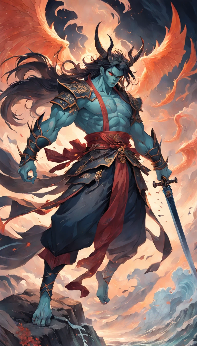 tmasterpiece,best qualtiy,超高分辨率,Detailed details,A painting of a man with a sword and a demon, beautiful male god of death, mohrbacher, inspired by Shunkōsai Hokushū, In the artistic style of Morebach, asura from chinese myth, the god of chaos, 详细的脸, Inspired by Ryūkōsai Jokei, in style of peter mohrbacher