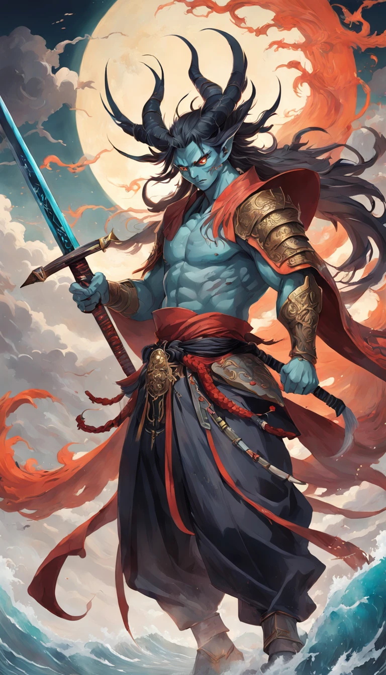 tmasterpiece,best qualtiy,超高分辨率,Detailed details,A painting of a man with a sword and a demon, beautiful male god of death, mohrbacher, inspired by Shunkōsai Hokushū, In the artistic style of Morebach, asura from chinese myth, the god of chaos, 详细的脸, Inspired by Ryūkōsai Jokei, in style of peter mohrbacher