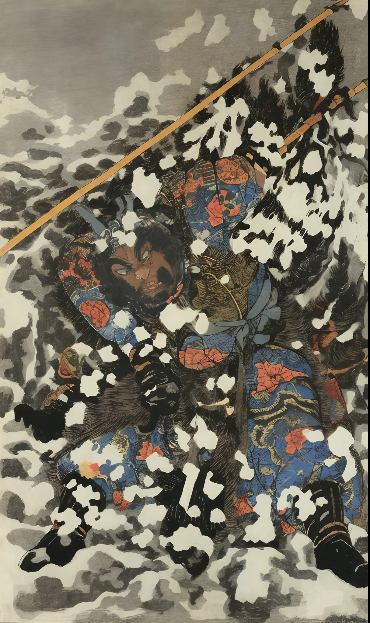 1 Pantsir Warrior,Strong body movements,ukiyo-style,k hd,Utagawa Kuniyoshi,Minimalist background,(angry look),tmasterpiece,filigree,k hd