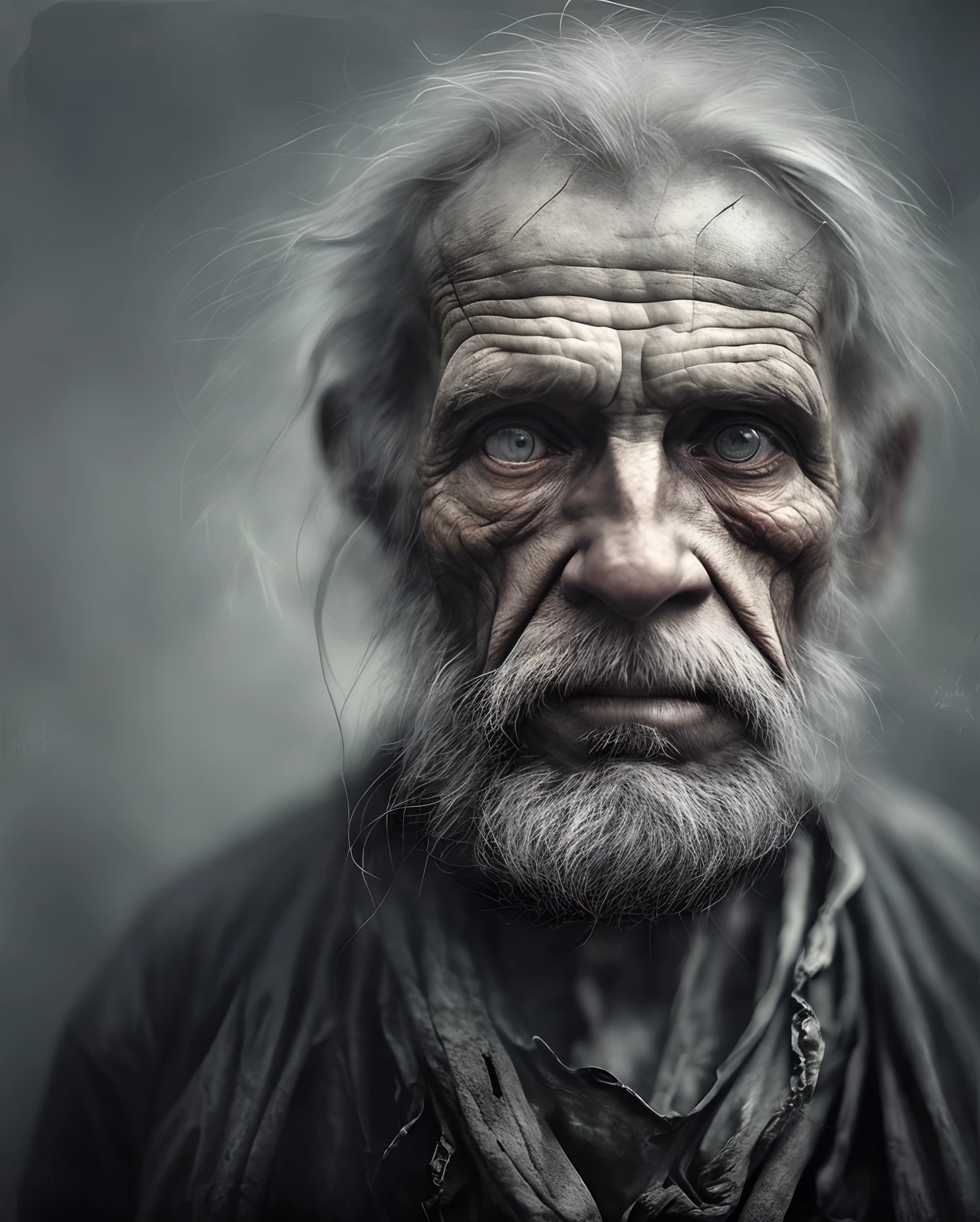 A portrait of poor russian 1800 old worker in rags, ((overwhelming fatigue )), wrinkles of age, concept art, oil pastel painting , moody gray colors , gritty, messy stylestyle of Alexey Savrasov, Ivan Shishkin, Ilya Repin, (cel shaded:1.2), 2d, (oil painting:1.2) highly detailed