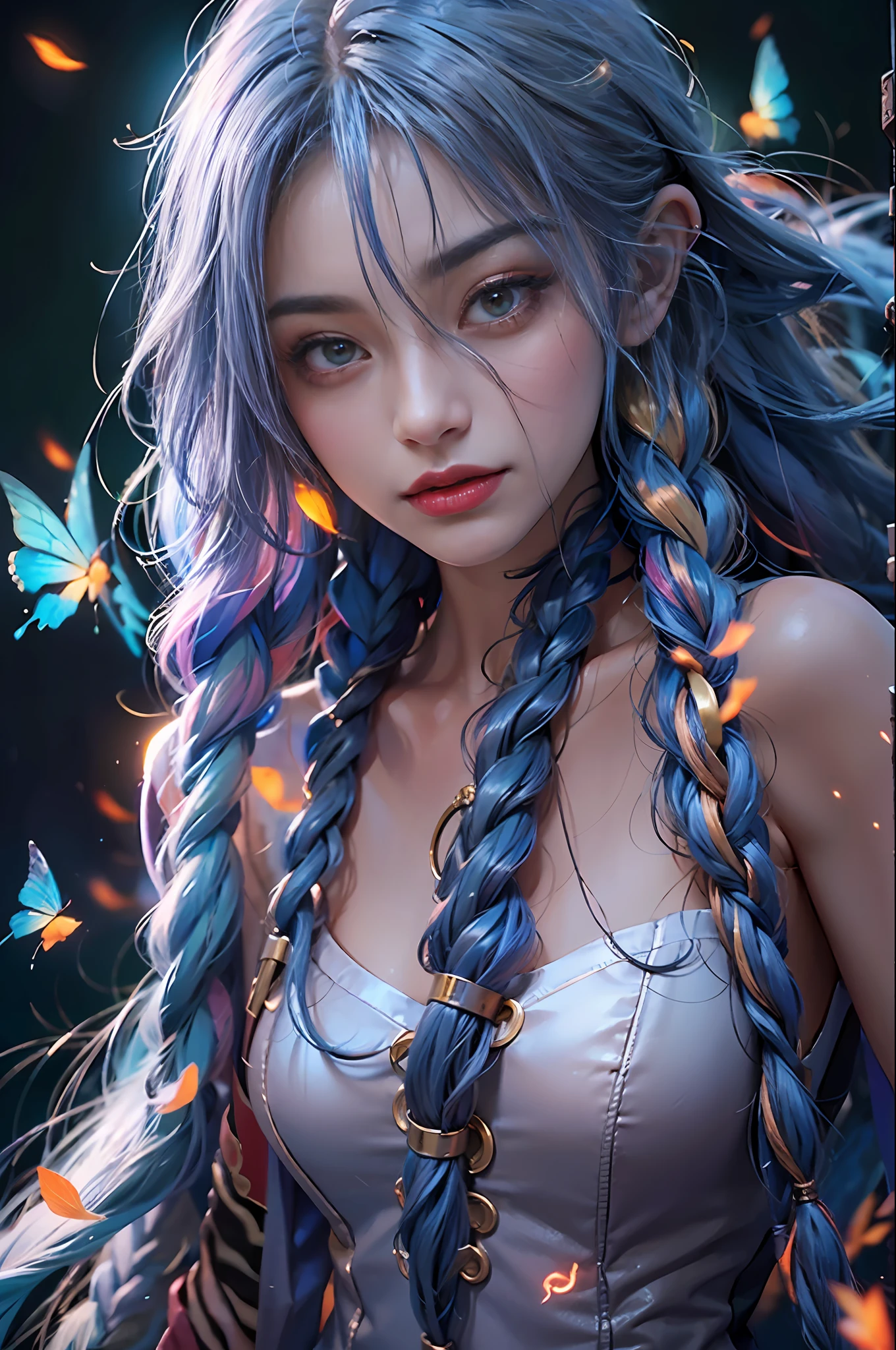 独奏, (очень Dетализированные обои CG unity 8k), (beste-Qualit), (best illustrations), (best shadows), (Night gloomy background, Gloomy and hopeless, Dark dramatic lighting, vignette), Realistic eyes, beatiful face, 1A girl with a perfect body, with blue braids, Long braids, ((Jinx)). generous cleavage, ((She wears a business suit:1.5)), She keeps her hands in her pockets, ((perfect anatomy)), gotik, Burnt orange gradient, surrounded by tender leaves and branches, with fireflies and glowing particle effects, (Natural elements), (leaves), (twigs), (Fireflies), Butterflies, (Tender leaves), (Glow), (particle fx). , Fantasy art, bokeh, Octane rendering, ray traced, overdetalization.
