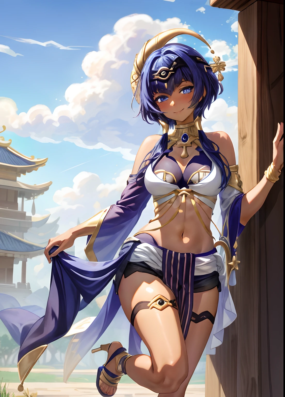 candacedef, full body, smile, blush, outdoors, day, simple background, blue sky, short hair, sky, temple, looking at viewer, seductive smile, naughty face, dancing, blue shorts, short shorts, pelvic curtain, long legs, sandals, high heels, midriff, navel
