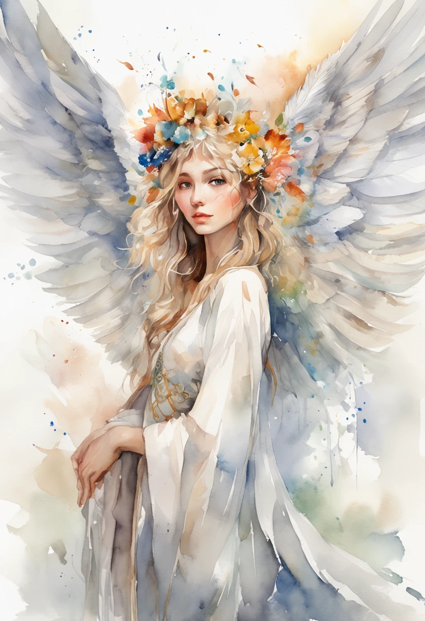 (FULL BODYSHOT:1.4),  White background, (1 Angel Girl,Gamine、Glowing wings, Halo, Exquisite headdress, Smile), (watercolor paiting, Geometry), highly colorful