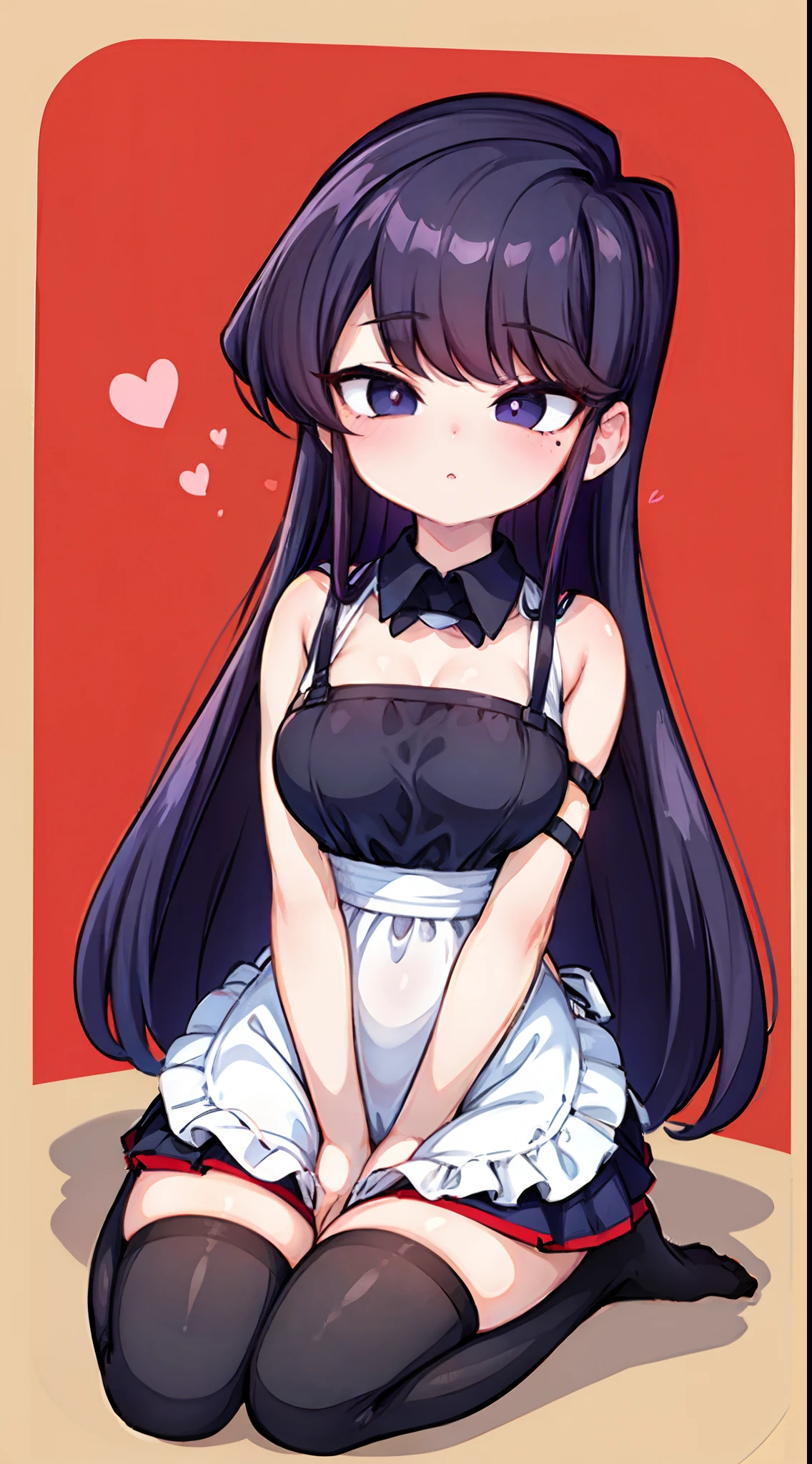 komi shouko,（A white border around a red rectangular background：2.5)，Stockings，squating，head looking up，Fleshy belly，huge tit，Lace collar，revealing her belly，Shoulder strap stockings look up，Sitting down，Side view，Slim figure，Ultra shorts，Black silk lining，ahegao face，White apron，High detail,Moles under eyes, Heart-shaped pupils，Love pupils，cropped shoulders，Lots of hearts，Fleshy thighs,highly rendered，detailed face with