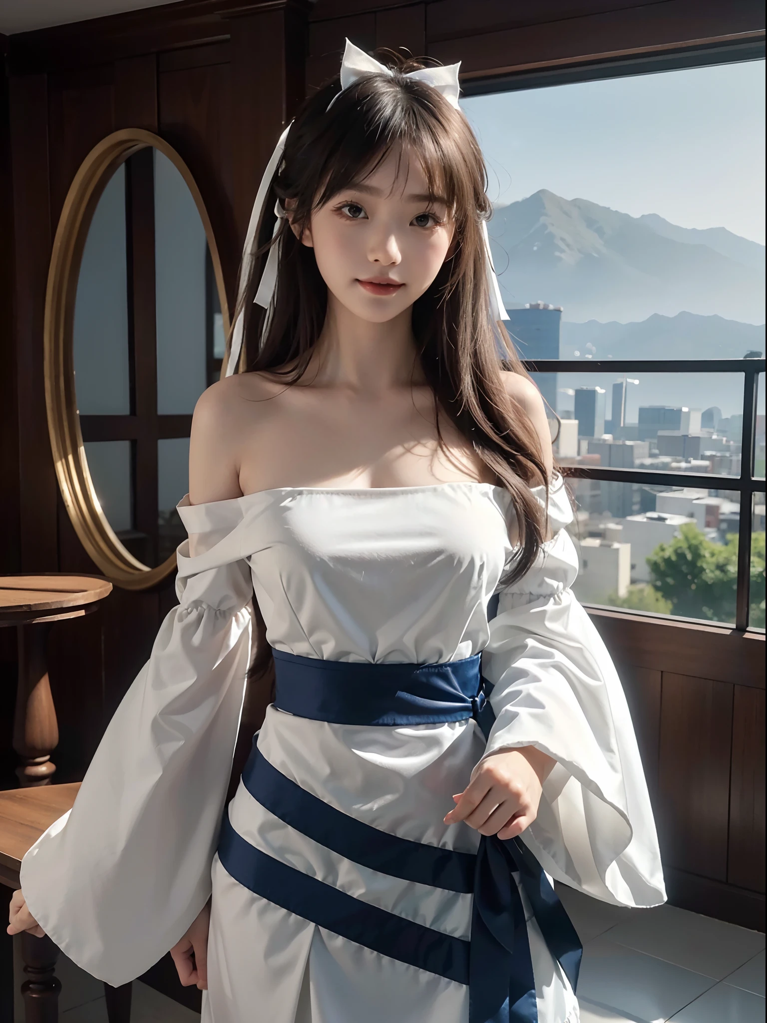 Unbeatable masterpiece, Ultra photo realsisim, Perfect artwork, Intricate details, Best quality, strong lights,High contrast, masutepiece , Best quality , offcial art ,the Extremely Detailed CG Unity 8K Wallpapers ,1girll , Solo , Realistic , Makeup , A high resolution , full body Esbian , view the viewer , Smile, bangs , Bare shoulders ,crossed bangs , hair between eye , , Long ,Mask , cropped shoulders , cparted lips , Red eyes , ,bow ribbon , sash , skyporn , Solo , striped ribbon ,taihou \(Rainel Blue) , double tails , Very hairy , Wide sleeves , (Shiny skin) ,