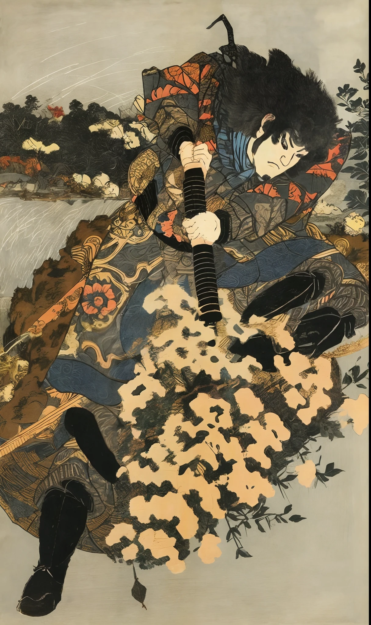 1 Pantsir Warrior，Strong body movements，ukiyo-style，k hd，Utagawa Kuniyoshi，Minimalist background，（angry look），tmasterpiece，filigree，k hd