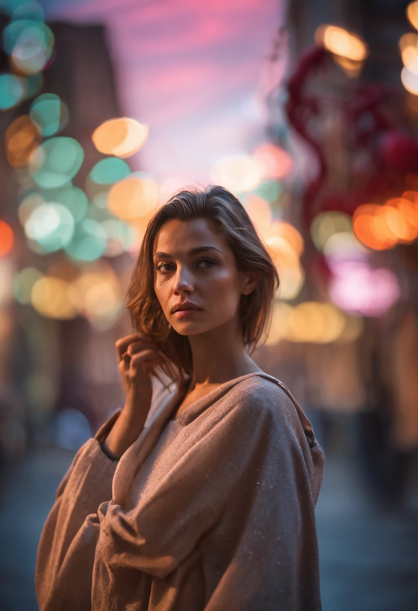 24-year-old woman,looking a viewer, slight smile, Dress, CityView, earings, makeup, hair bun, Evening, roof