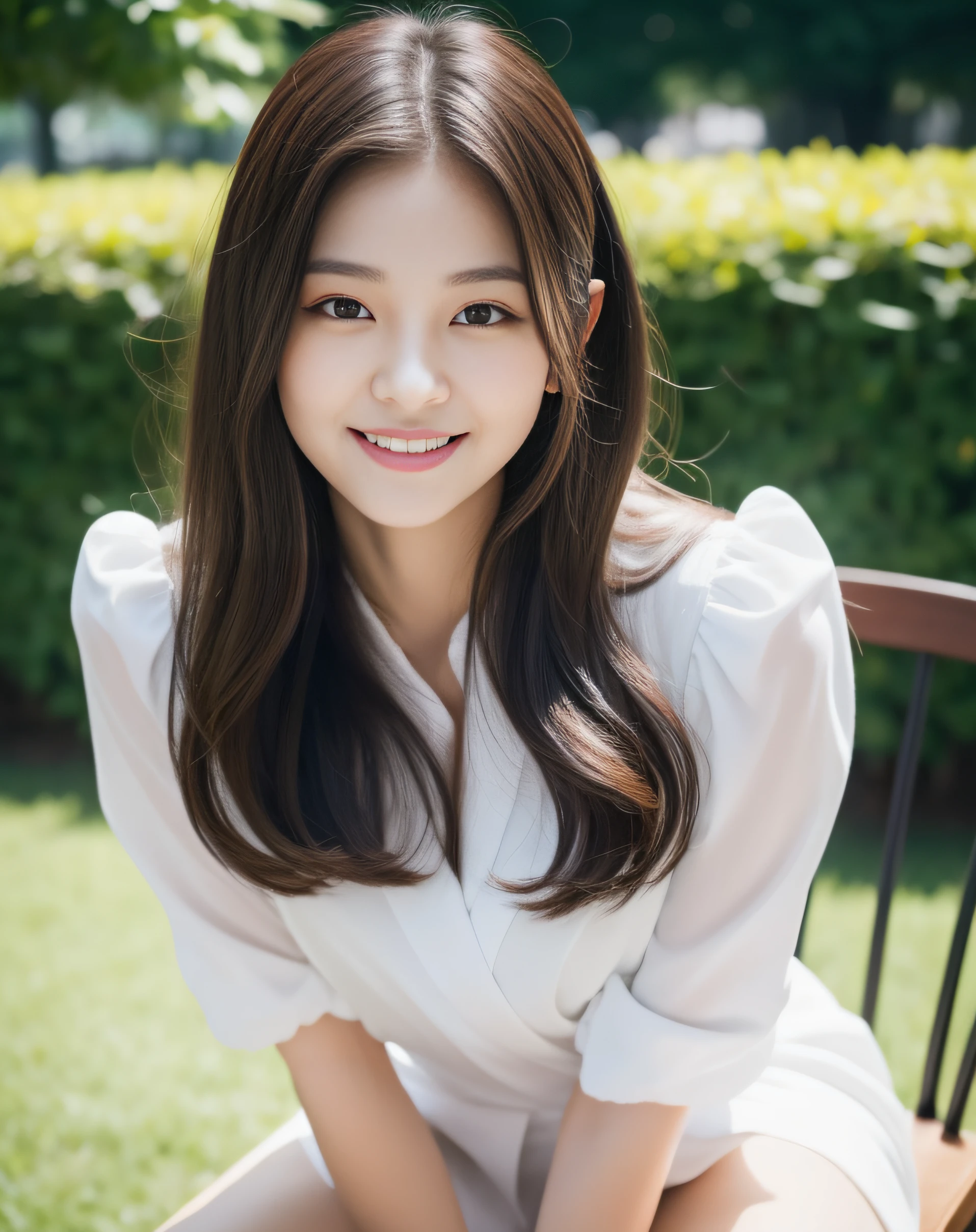 ((best quality, 8K, masterpiece: 1.3)), beautiful girl, pure, melon face, kind and cute, sweet smile, pure desire, slender body, (front), (tilted head), ((looking at camera) ), wearing a white suit, black silky long hair, long flowing shoulders, round black big eyes, clear big eyes, moist red lips, sweet, sitting on a chair, park background , (((whole body))),