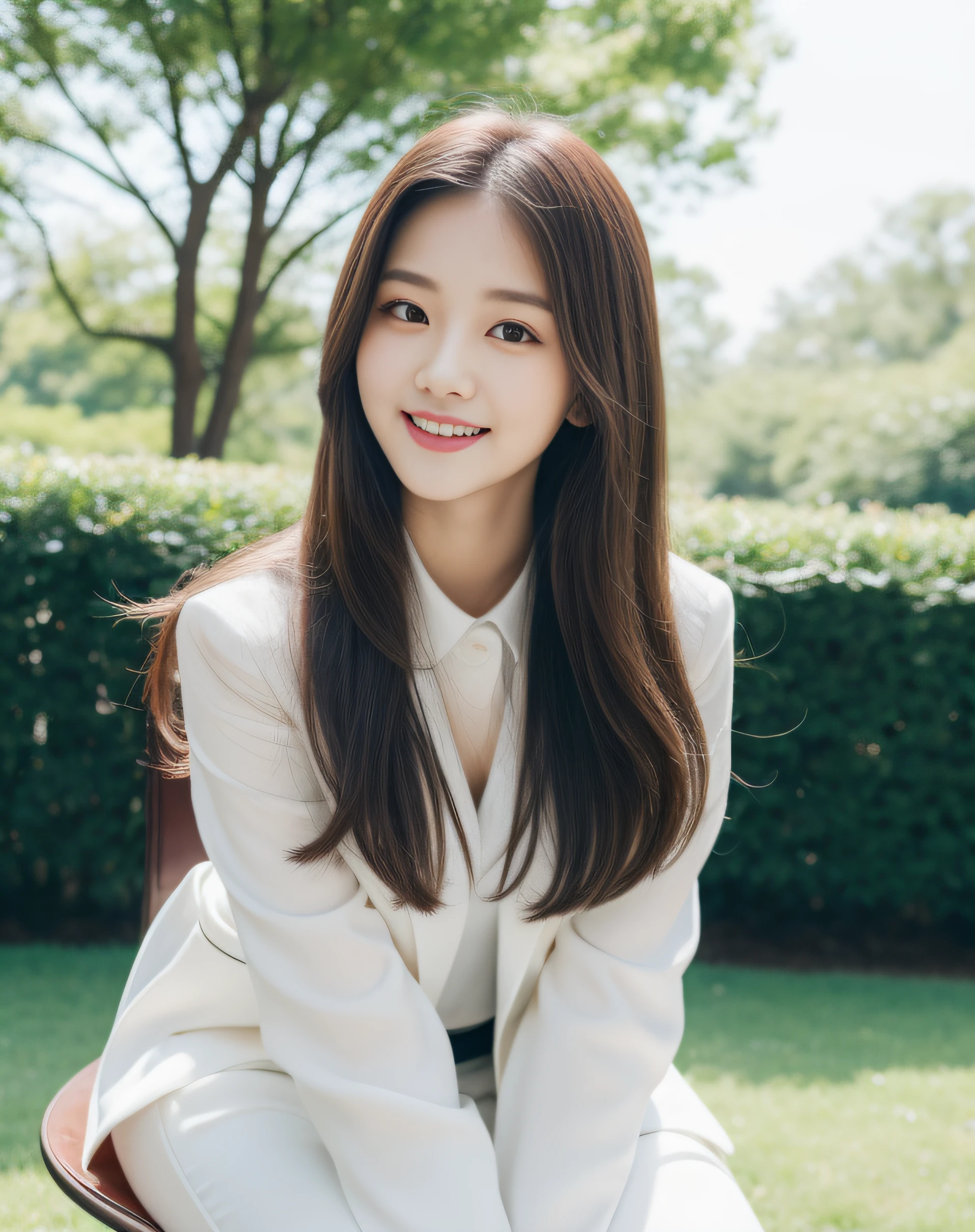 ((best quality, 8K, masterpiece: 1.3)), beautiful girl, pure, melon face, kind and cute, sweet smile, pure desire, slender body, (front), (tilted head), ((looking at camera) ), wearing a white suit, black silky long hair, long flowing shoulders, round black big eyes, clear big eyes, moist red lips, sweet, sitting on a chair, park background , (((whole body))),
