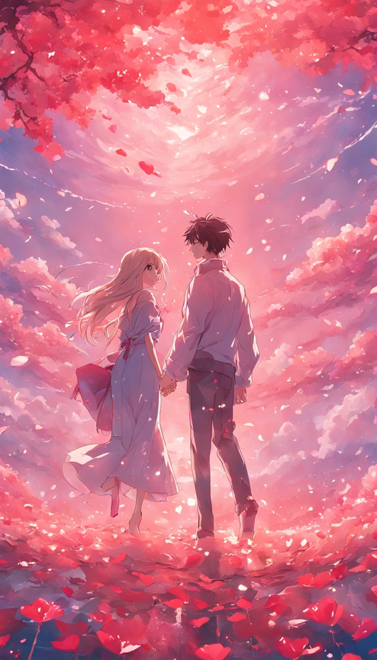 In a romantic atmosphere，couple cuddling，Walk in the Sea of Roses，Under the blue sky and white clouds，Feel the romantic theme of Valentine's Day。