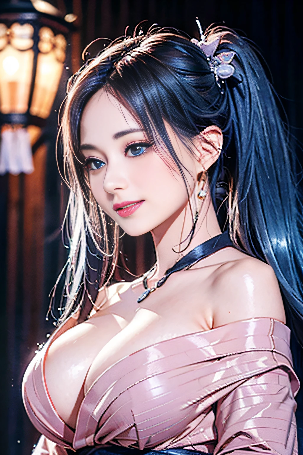8K picture quality、top-quality、masutepiece、An ultra-high picture quality、ultra-detailliert、Ultra-realistic hair quality、Vibrant colors、Beautuful Women、Beautiful long hair、Shiny hair、detailed hairs、blue hairs、poneyTail、Blue eyes、shinny skin、Lace underwear、Very gigantic-breasts、Sweat on the forehead and cheeks、extremely big ass、Fluffy off-shoulder yukata、A smile、soft pink lips、Ultra-realistic flesh feeling、Red cheeks、summer festival in background