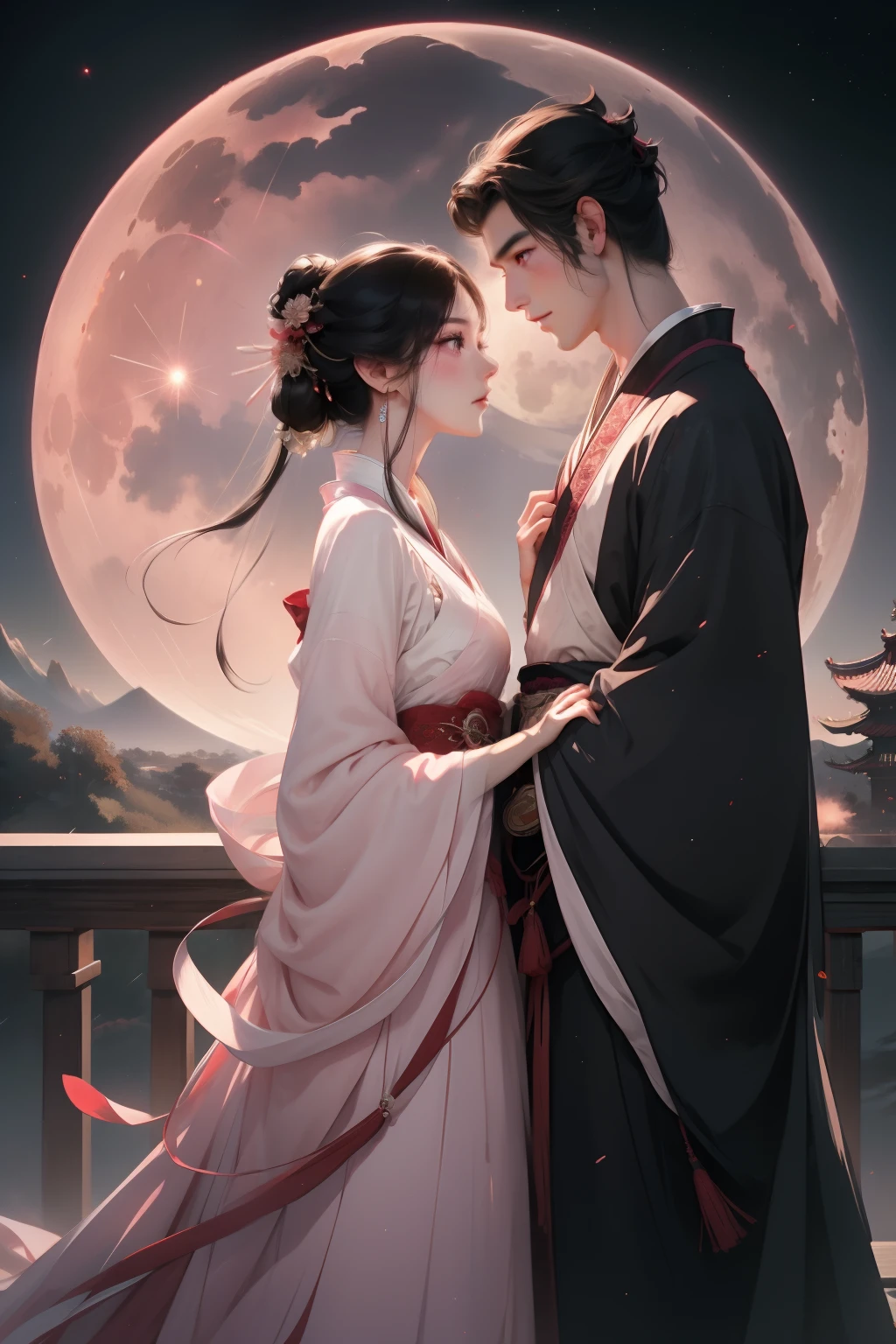 （1 man and 1 woman looking at each other on the arch bridge），Hanfu，Chinese Valentine's Day poster design pattern, Light tones, Red and purple, dreamy scenes, warm color,Huge Moon, Fireworks, Starry sky, Triangular composition, rich details​, Faraway view,Chinese traditional painting，Jade，lanscape，auspicious，Light background,Best quality, Pastel,Soft light,4K,ultra-wide-angle，The lens is farther away，in a panoramic view