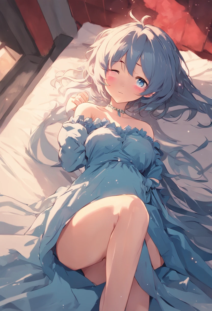 Anime - style image of pregnant woman in blue dress lying on bed, in dress, Seductive Anime Girl, small curvy lolishart krenz key art feminine, Top Rated on pixiv, Detailed Digital Anime Art, Cute anime waifu in a nice dress, detailed anime art, Detailed key anime art, marin kitagawa fanart