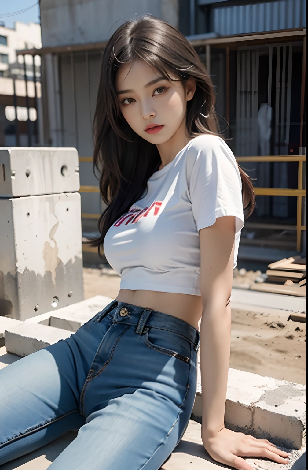 Girl in white bra and tight denim skirt posing for photo, full body, with cropped T-shirt, bra, slim body, smaller bust, slim girl model, 24-year-old female model, lying on the construction site, a group of black men onlooking