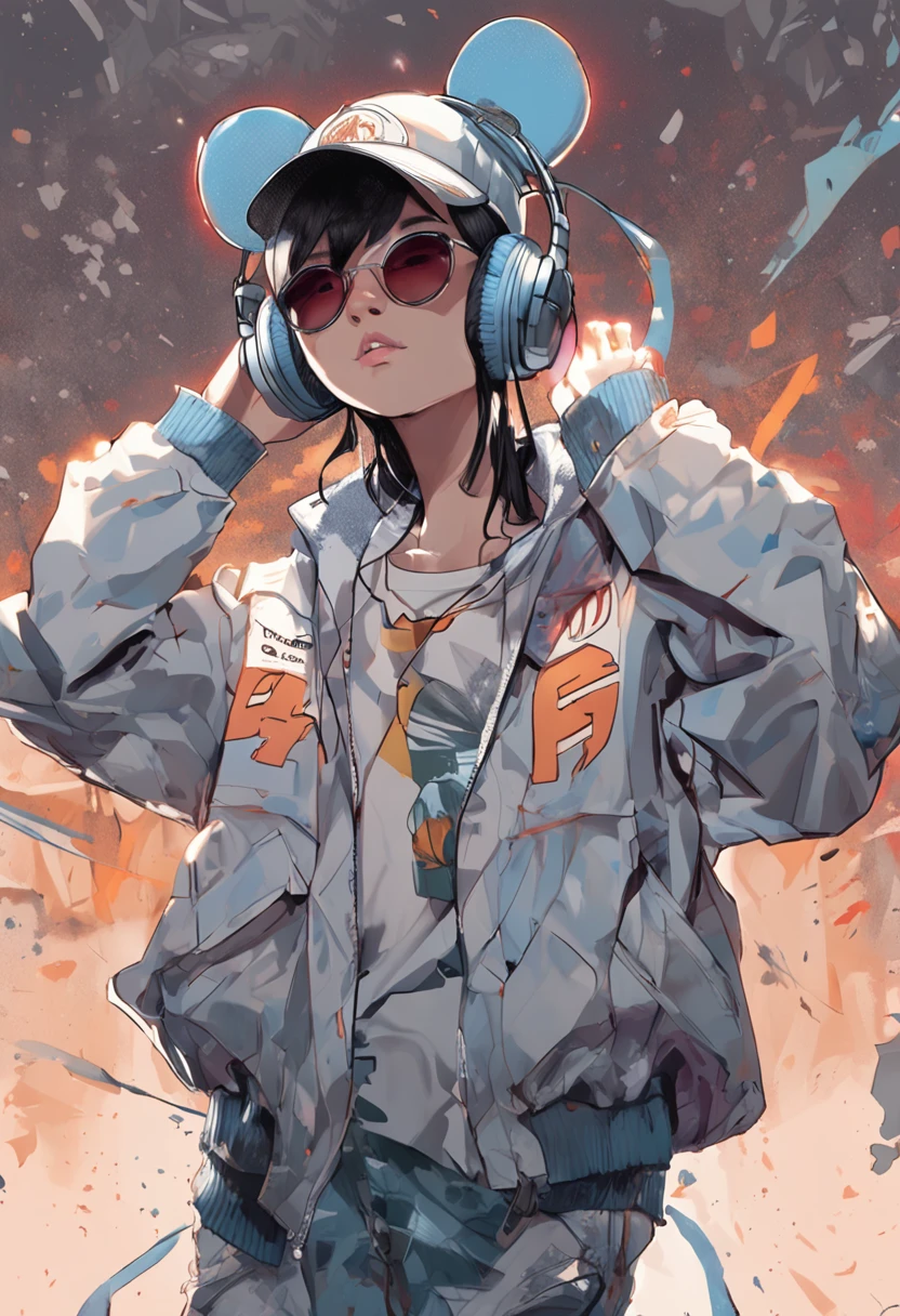Perfect centering, Cute mouse, Wear a student team jacket, Wearing sunglasses, Wearing headphones, cheerfulness, Standing position, Abstract beauty, Centered, Looking at the camera, Facing the camera, nearing perfection, Dynamic, Highly detailed, smooth, Sharp focus, 8K, high definition resolution, illustration, Art by Carne Griffiths and Wadim Kashin, White background