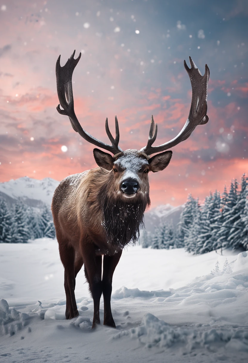 Christmas atmosphere，snowfield，santa，elk，welcoming，gifts，Happy and happy