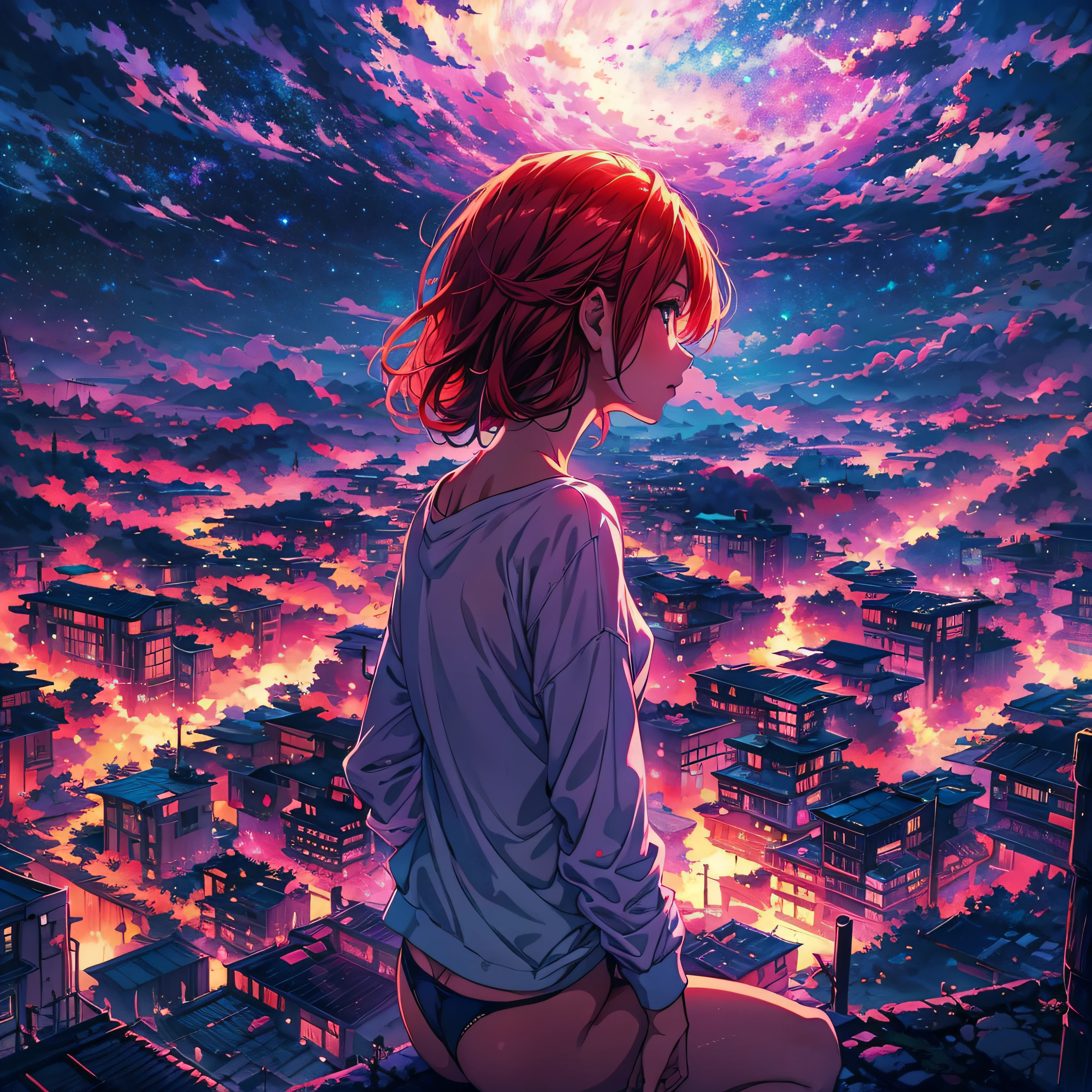 anime wallpapers of a girl looking at a view of the sky and stars, cosmic skies. by makoto shinkai, anime art wallpaper 4 k, red hair, white shirt, panties, anime art wallpaper 4k, anime art wallpaper 8 k, anime sky, amazing wallpaper, anime wallpaper 4 k, anime wallpaper 4k, 4k anime wallpaper, makoto shinkai cyril rolando, anime background art, makima.