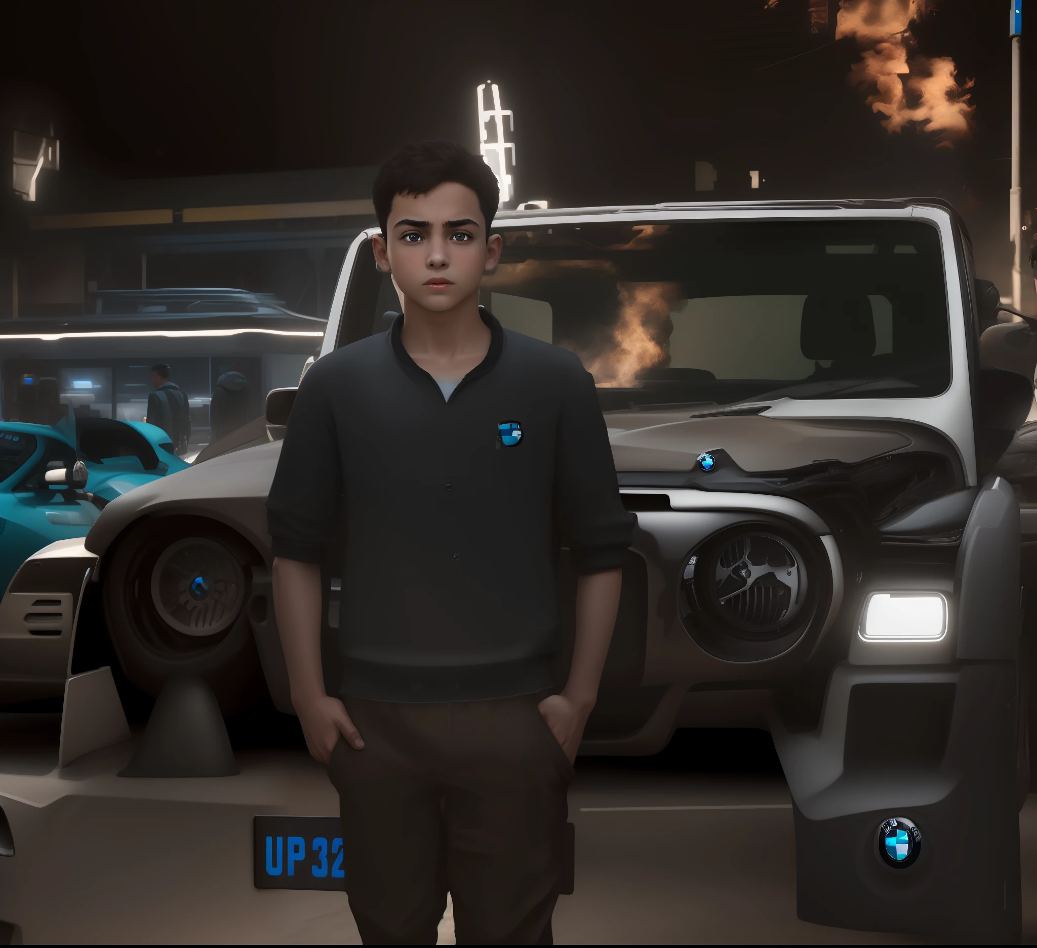 A boy stand in front of BMW realistic face matched ,,8k ultra hd