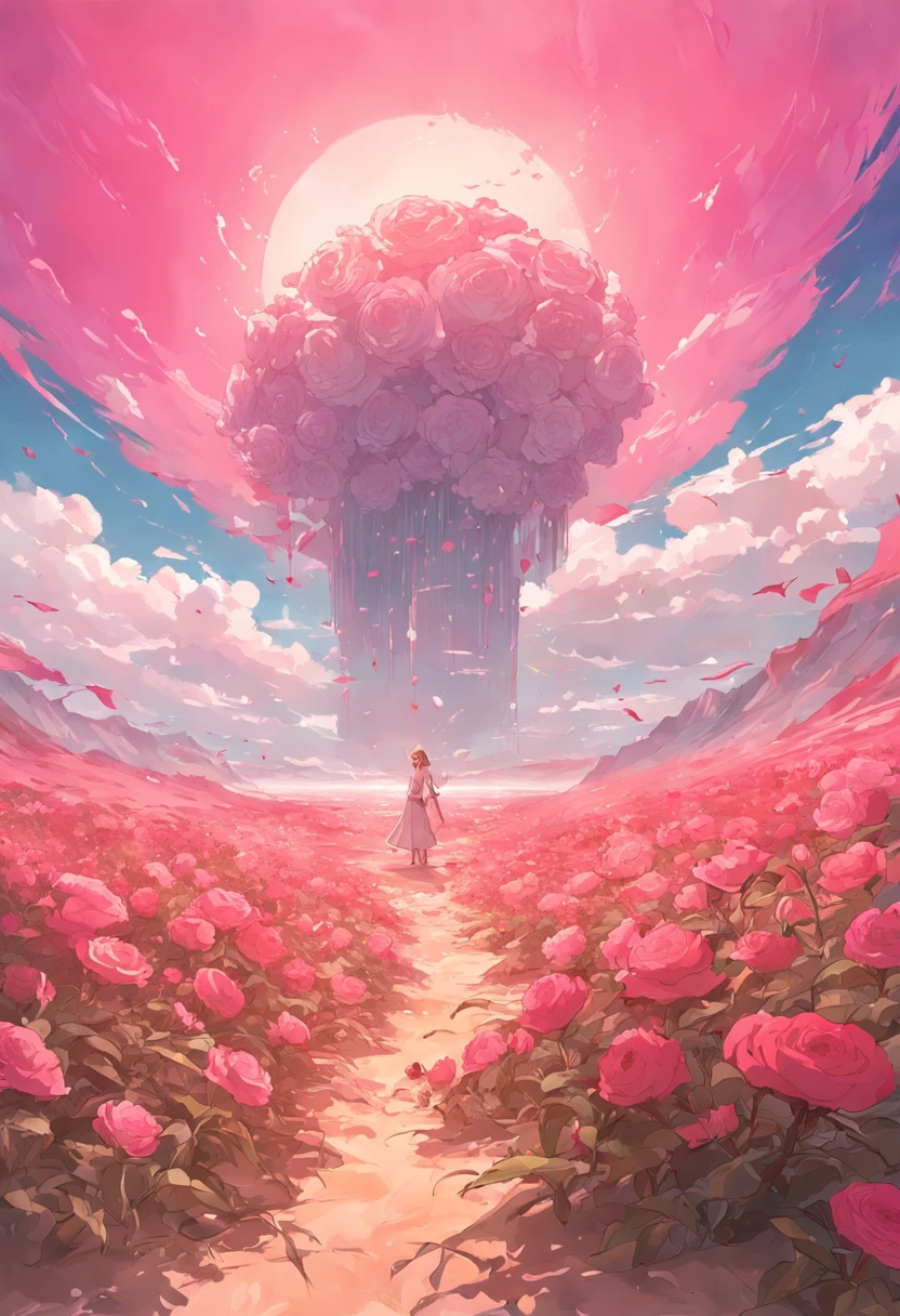 Summer, desert, pink clouds, a land overgrown with roses, James Gurney, art station rendering, ultra-wide lens, high definition