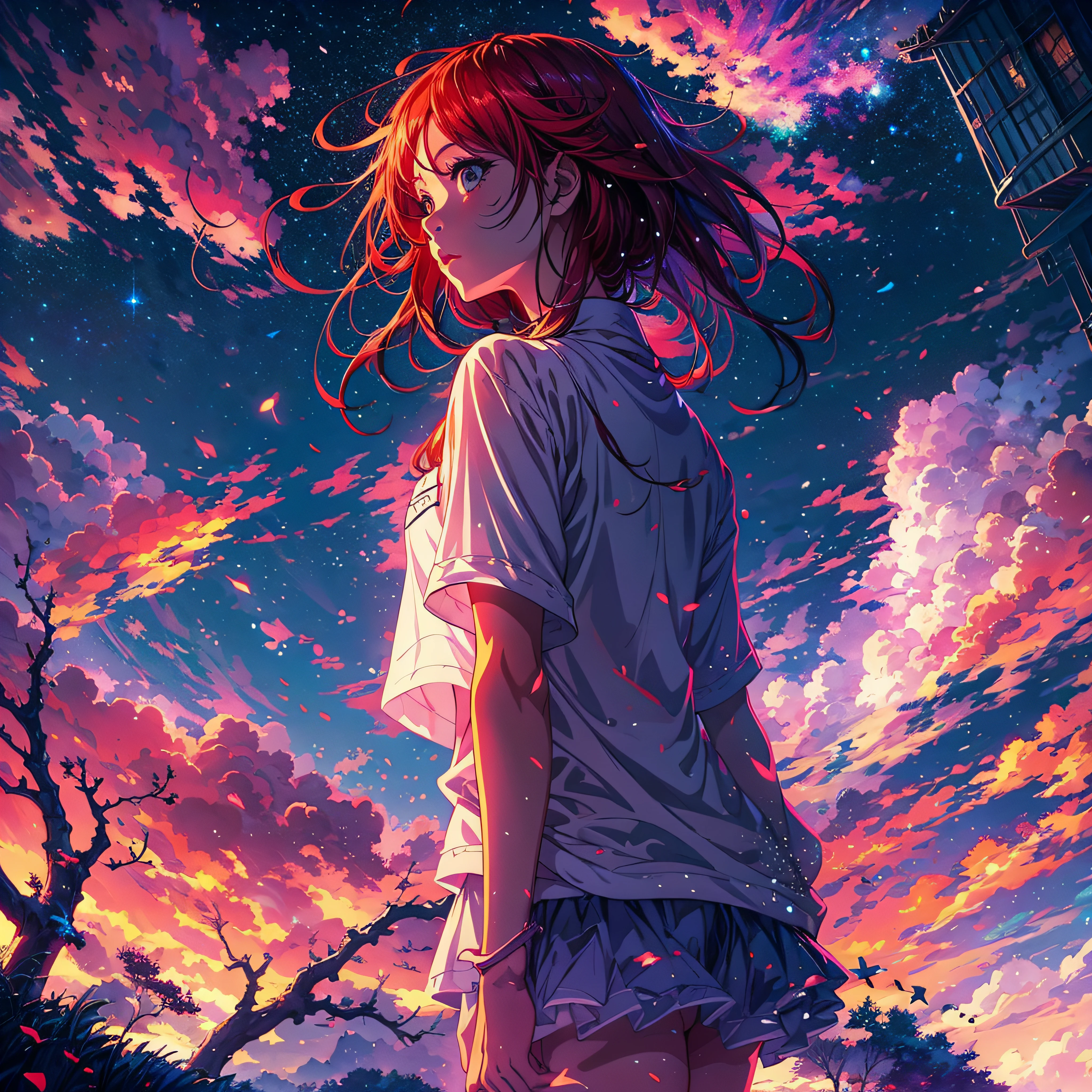 anime wallpapers of a girl looking at a view of the sky and stars, cosmic skies. by makoto shinkai, anime art wallpaper 4 k, red hair, white shirt, panties, anime art wallpaper 4k, anime art wallpaper 8 k, anime sky, amazing wallpaper, anime wallpaper 4 k, anime wallpaper 4k, 4k anime wallpaper, makoto shinkai cyril rolando, anime background art, makima.