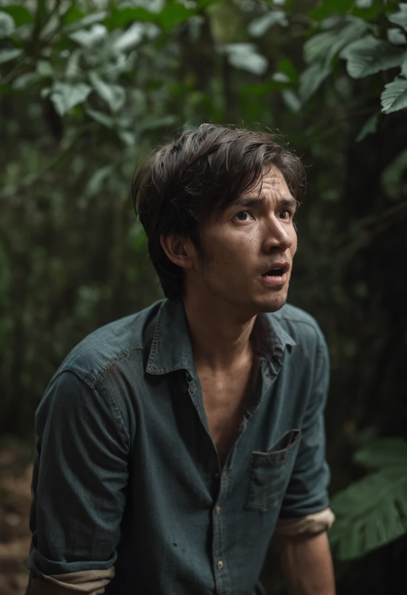 a man is  shocked and surprised , scared, messy hair, torn clothes,  snake, scary dark jungle, dim light, back light