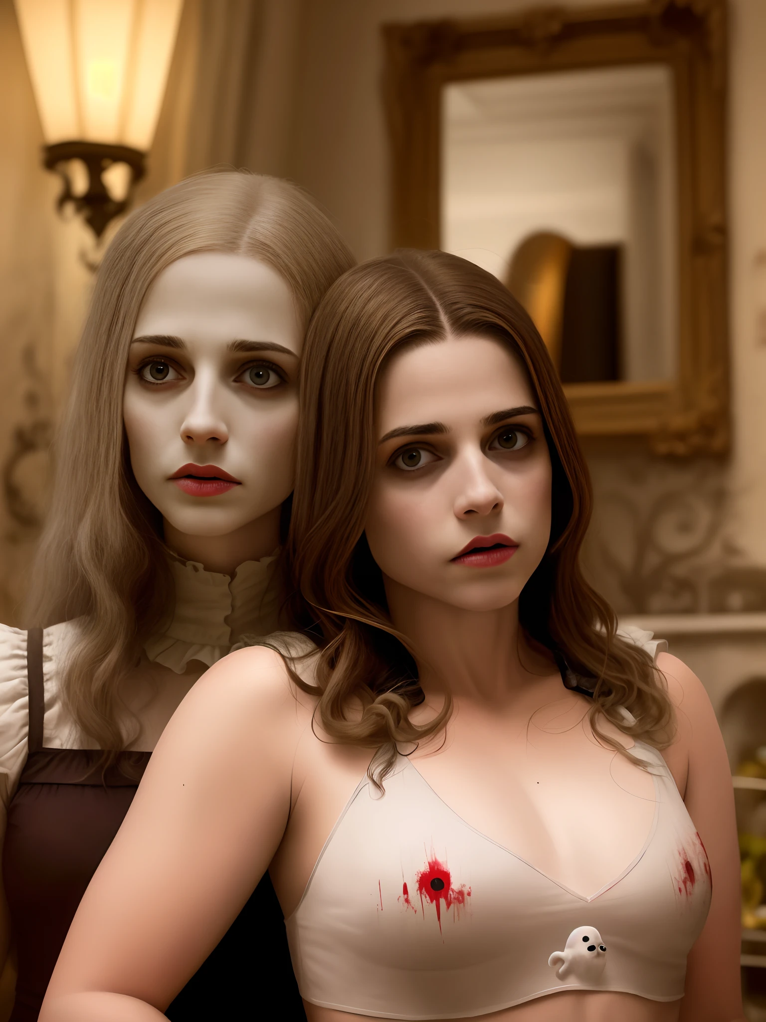 ((best quality)), ((masterpiece)), (detailed), ((NSFW)) perfect face, pretty, young looking, ((Christina Ricci with deep-red almost black lips and rosy cheeks)), pretty features, ((2 scary super-cute real-life horror dolls)), ((hair in long ponytails)), ((lots of make-up not applied neatly)), rosy-red cheeks, hats, ((holding long sharp bloody knives and hatchets)), ((thick dark blood on the blades)), ((plenty of thick dark blood splashed on their faces legs and bodies)), ((big frilly Elizabethan ruffs around their wrists and necks)), ((fully naked)), ((no panties)), bright spotlights shining down on beautiful tanned shiny oiled sweaty almost wet-looking skin, ((in a nightmare doll's house)), ((vaginas on display)), ((surrealist gothic horror)), no panties, not looking at the viewer,