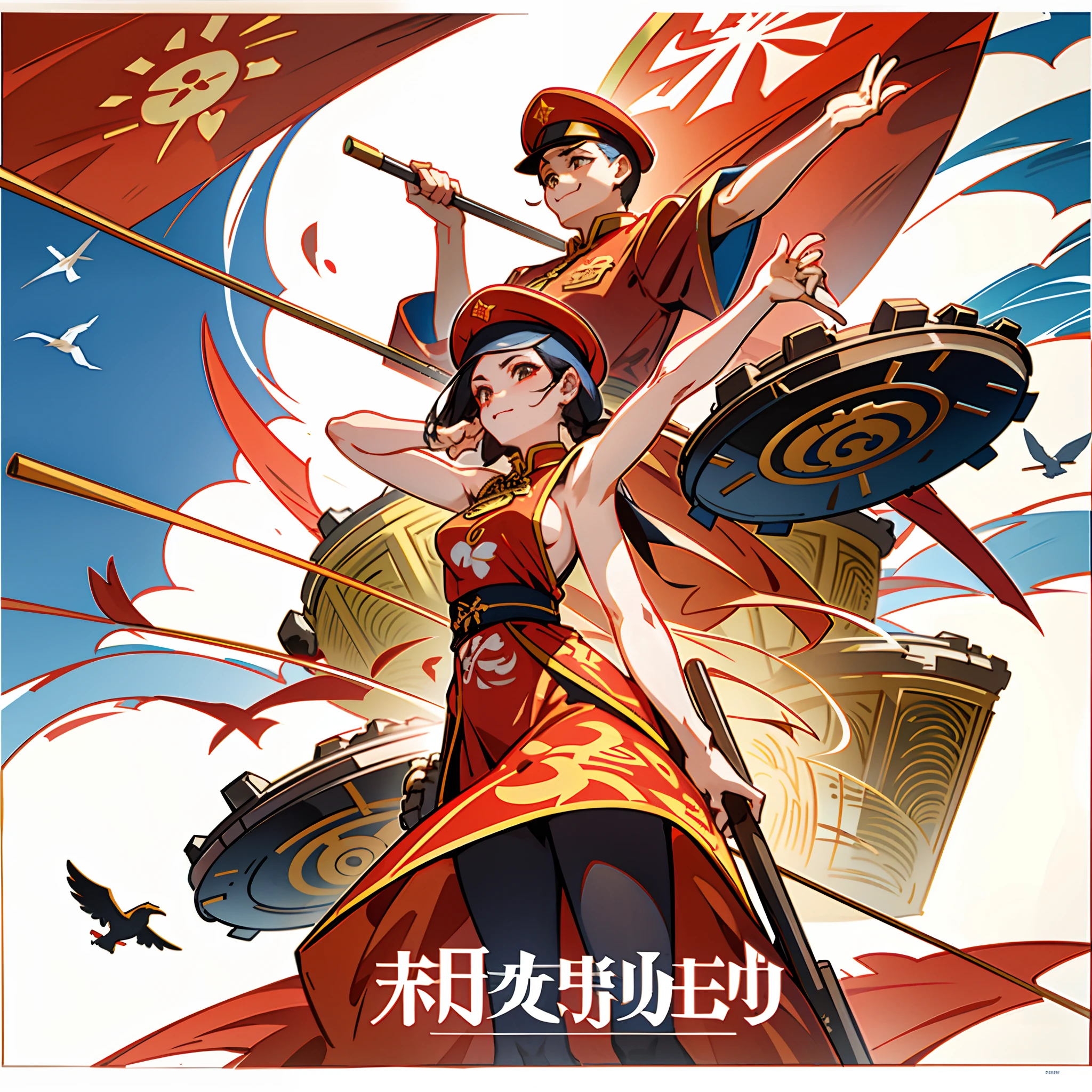 （tmasterpiece），（best qualtiy），（exquisite detailing）， promotional poster，Chinese style，wide wide shot，group of people，Chinese soldiers，Chinese military uniform，smallunderboob，ssmile，civilian，frock，A determined expression，Half-naked arms，Pass flyers， gear wheel，Peace birds fly，Chinese cuisine，With gear and wheat print（red colour）The flag， view over city，buliding，High-speed rail trains，The Communist Manifesto，chineseidol，Drum Tower