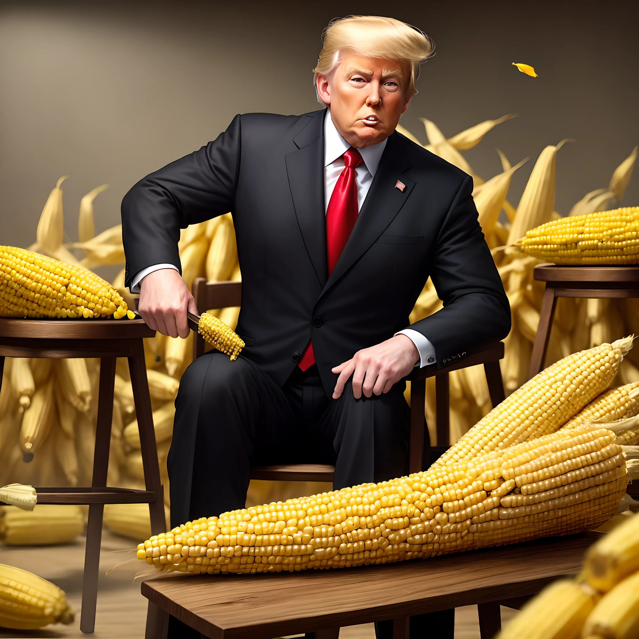 Trump in a black suit sitting on a stool peeling corn