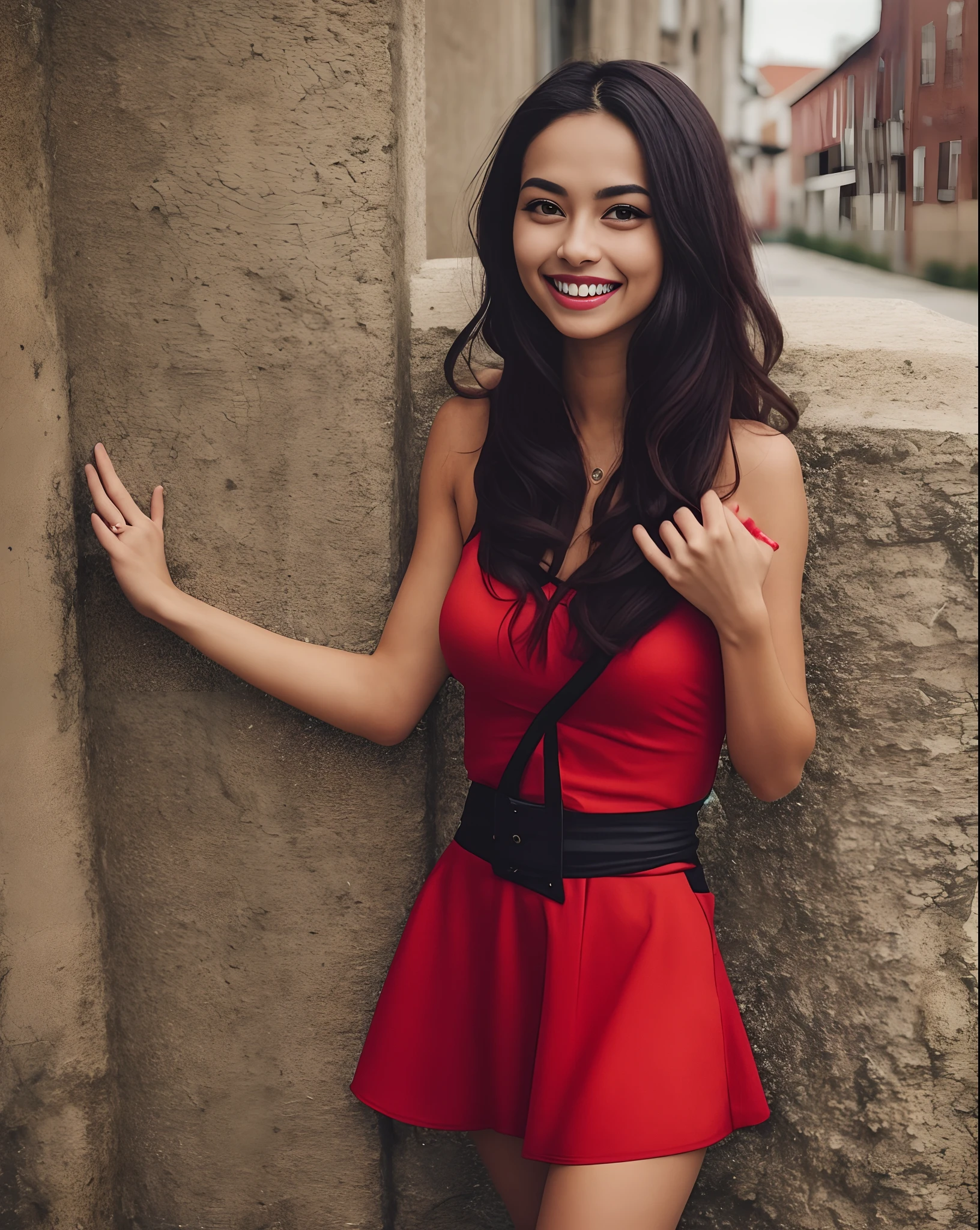 there is a woman in a red and black dress smiling, candid picture, candid photo, with a beautifull smile, candid!! dark background, lovely smile, slight cute smile, with a seductive smile, shy smile, very very low quality picture, low quality photograph, with a happy expression, candid photograph, with lovely look, cute seductive smile, pretty smile