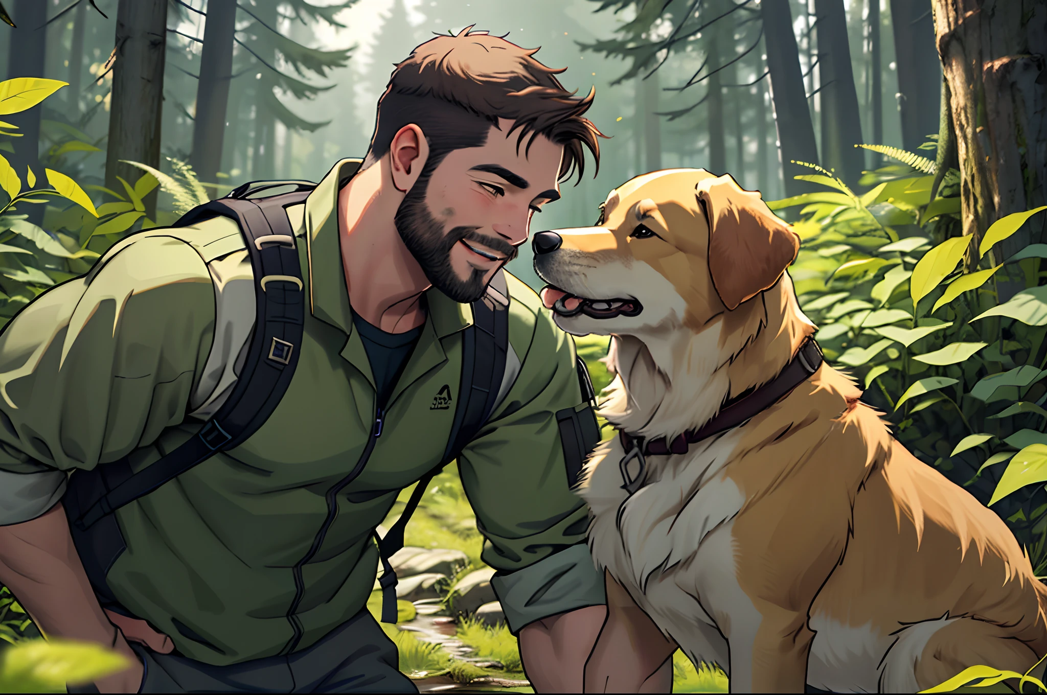 a man with a beard and a golden retriever dog, hiking clothes, in the forest, the dog licking the man's face, the well detailed, face focus, happy smile, heart-warming