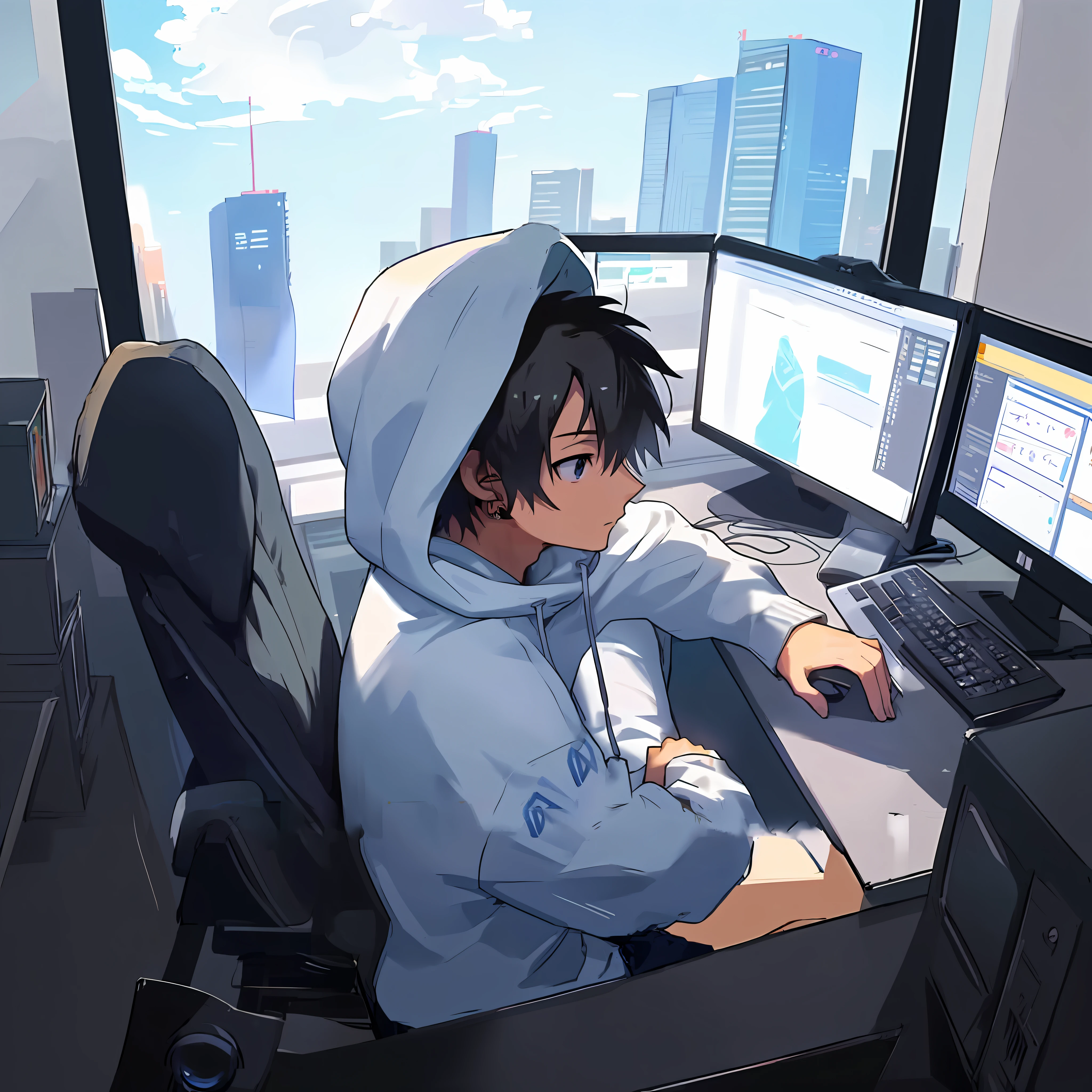 anime boy sitting at a desk with a laptop and a computer, high quality anime artstyle, sitting at his desk, in a hoodie, anime boy, young anime man, anime moe artstyle, handsome anime pose, makoto shinkai style, makoto shinkai art style, modern anime style, male anime style, sitting at a computer