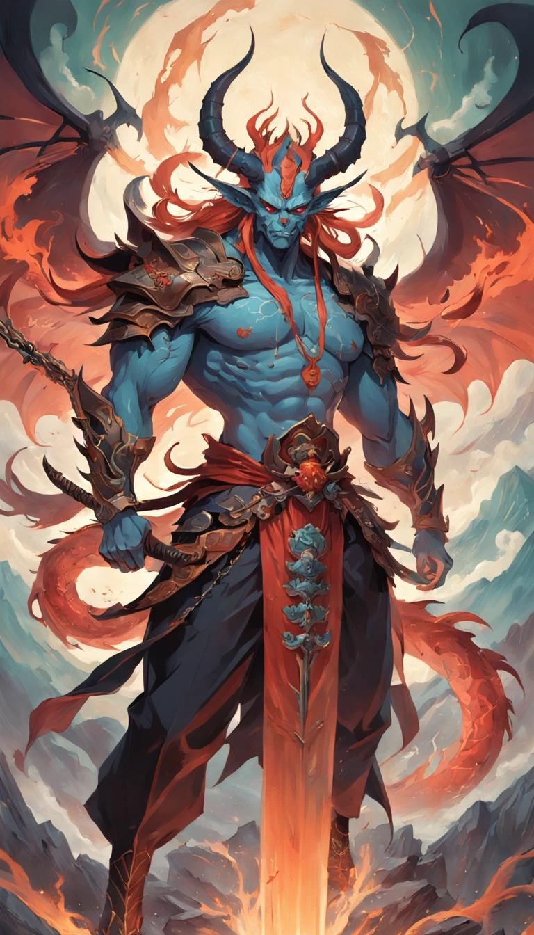 tmasterpiece,best qualtiy,超高分辨率,Detailed details,A picture of a demon with a sword,beautiful male god of death,详细的脸,mohrbacher,inspired by Shunkōsai Hokushū,in the artistic style of mohrbacher,asura from chinese myth、the god of chaos,Inspired by Ryūkōsai Jokei,in style of peter mohrbacher