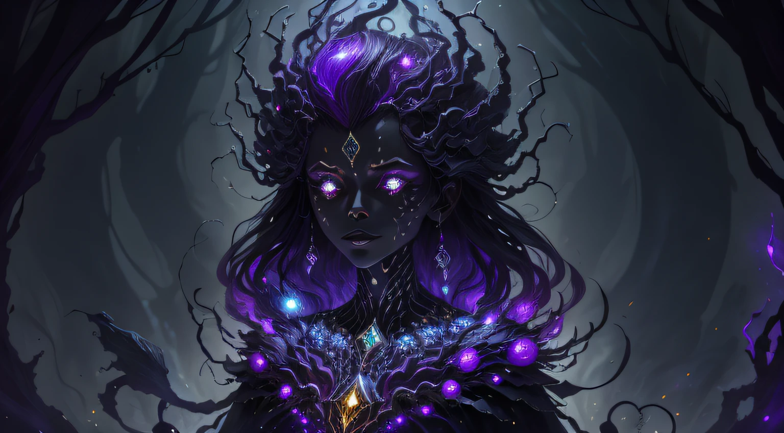roxo e preto,A woman surrounded by nightmares, cosmic horror,Diamond-clustered skin all over the body, Dark mood, Dark environment, the night, terroral, bloods, incrivel, Funk, panicking, be desperate,Full body armor
