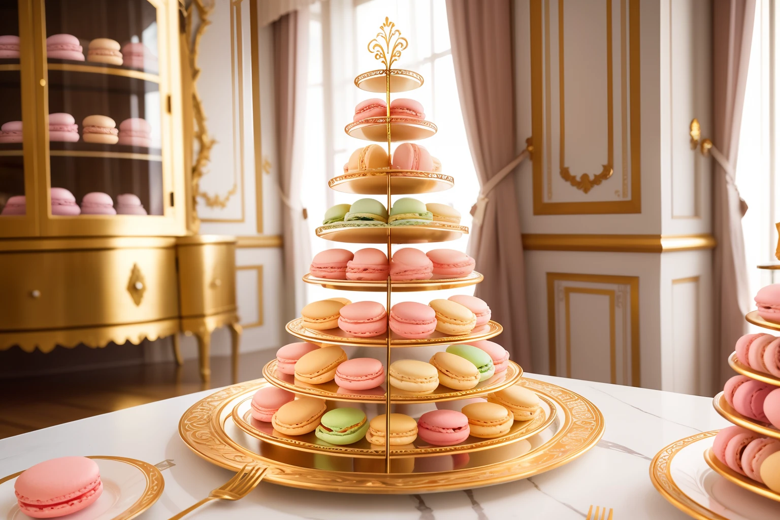 Date: 1916
Location: Vienna, Austria
Description: A delicate pastel macaron tower is displayed on an ornate dessert table in a Viennese patisserie, tempting visitors with its whimsical sweetness.