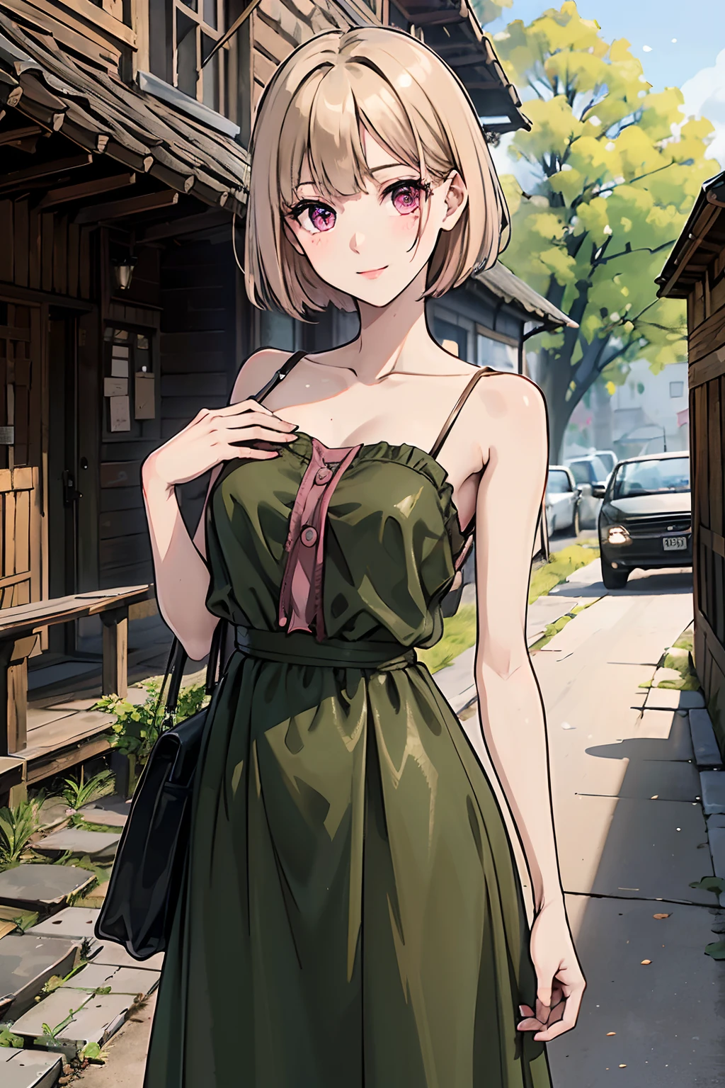 old dress, used wear clothing, dark green clothing, poor clothing, young adult, 19 years, short hair, blond hair, pink strands, strands, thin hair, pink eyes, beautiful eyes, flat chest, smile, Brown Leather Bag, masterpiece, wrecked old village background, dirt path background